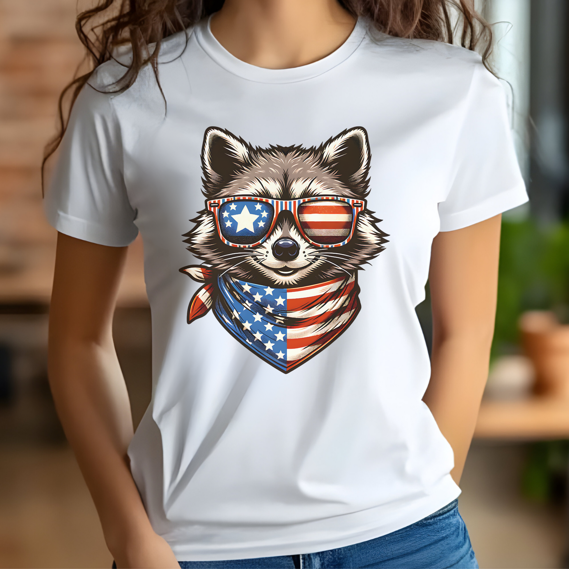 Raccoon Independence Day Celebration PNG Digital Design on a woman's white t-shirt