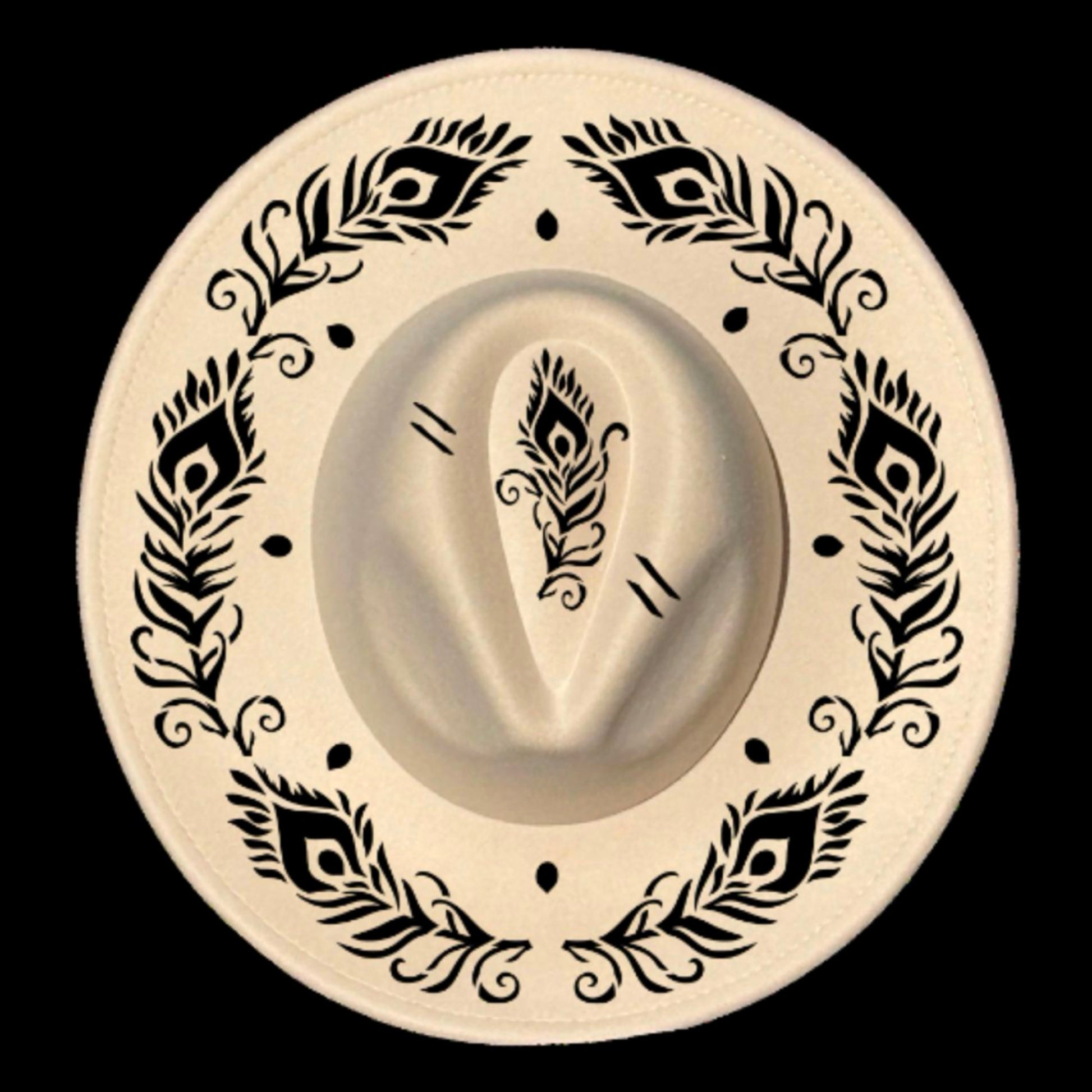 Peacock Feather burned hat burning design on a wide brim hat