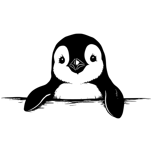 Black and white illustration of a penguin peeking over a horizontal line on a white background