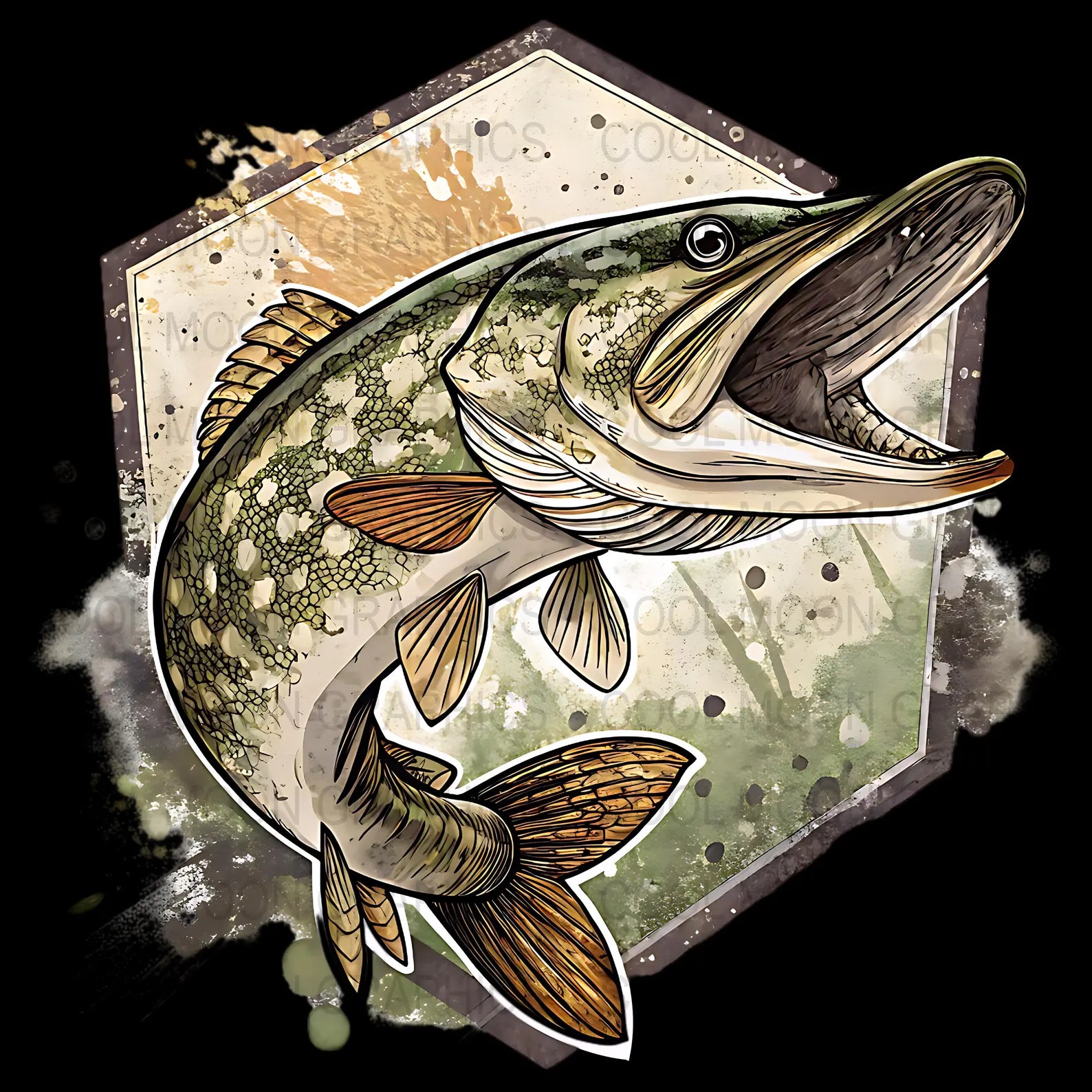 Illustration of a pike fish on a shield-like background with a dark border