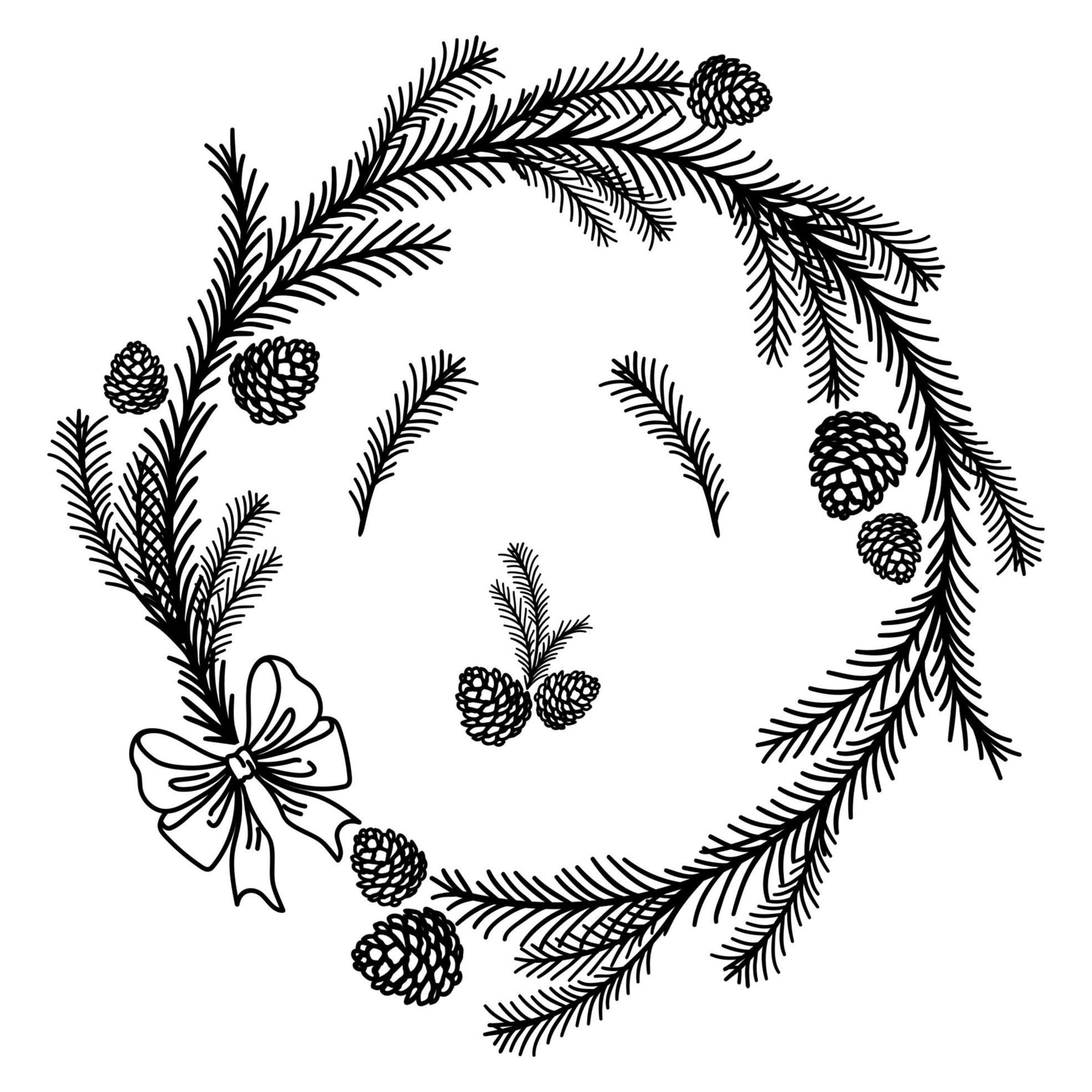 Black and white wreath design with pine branches and cones on a white background
