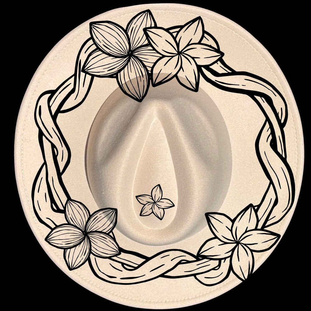 Plumeria burned hat burning design on a wide brim hat