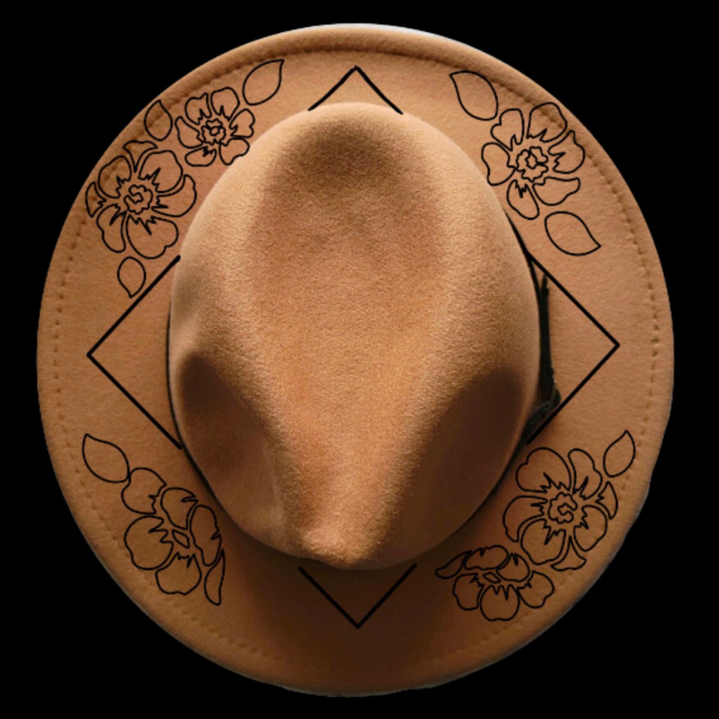 Posies And Diamond burned hat burning design on a narrow brim hat
