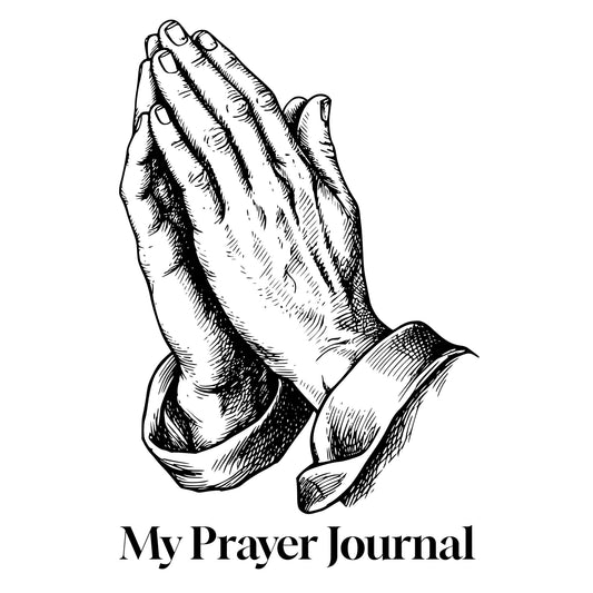 Black and white illustration of praying hands with 'My Prayer Journal' text on a white background