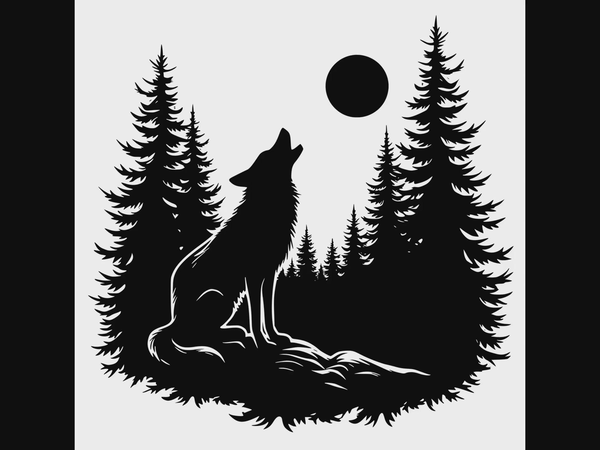A wolf howling at the moon surrounded by tree silhouettes digital product video