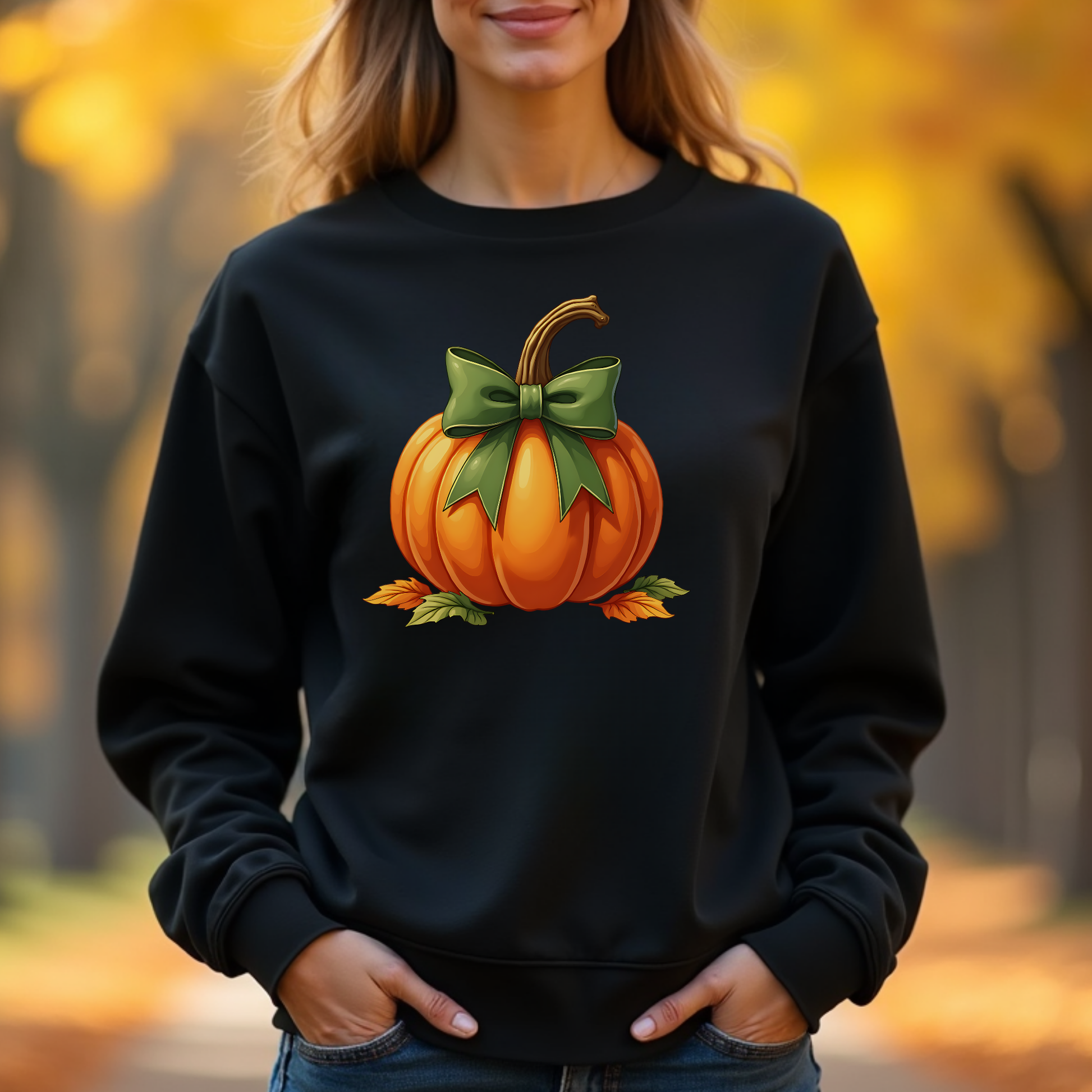 Woman wearing a black sweatshirt with a pumpkin design in an autumn setting