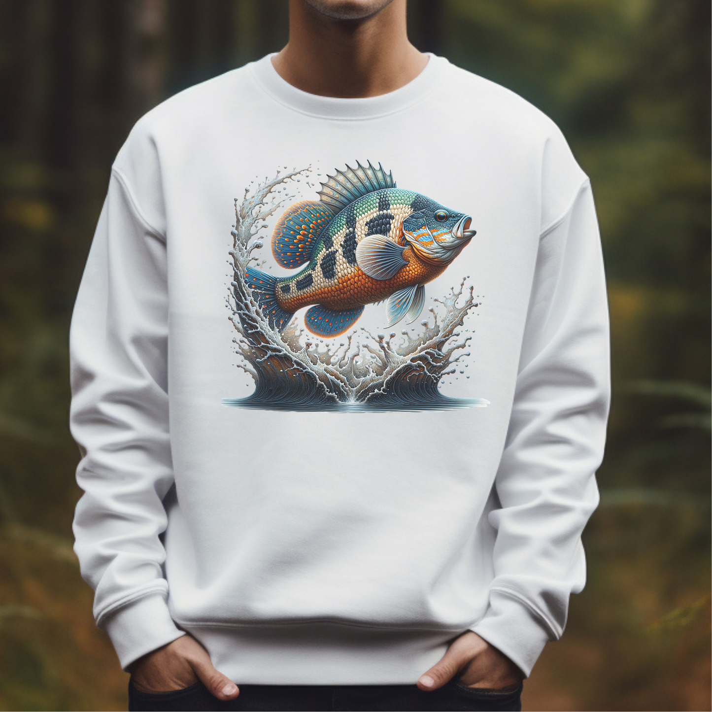 Pumpkinseed Sunfish PNG digital design on a man's white sweatshirt
