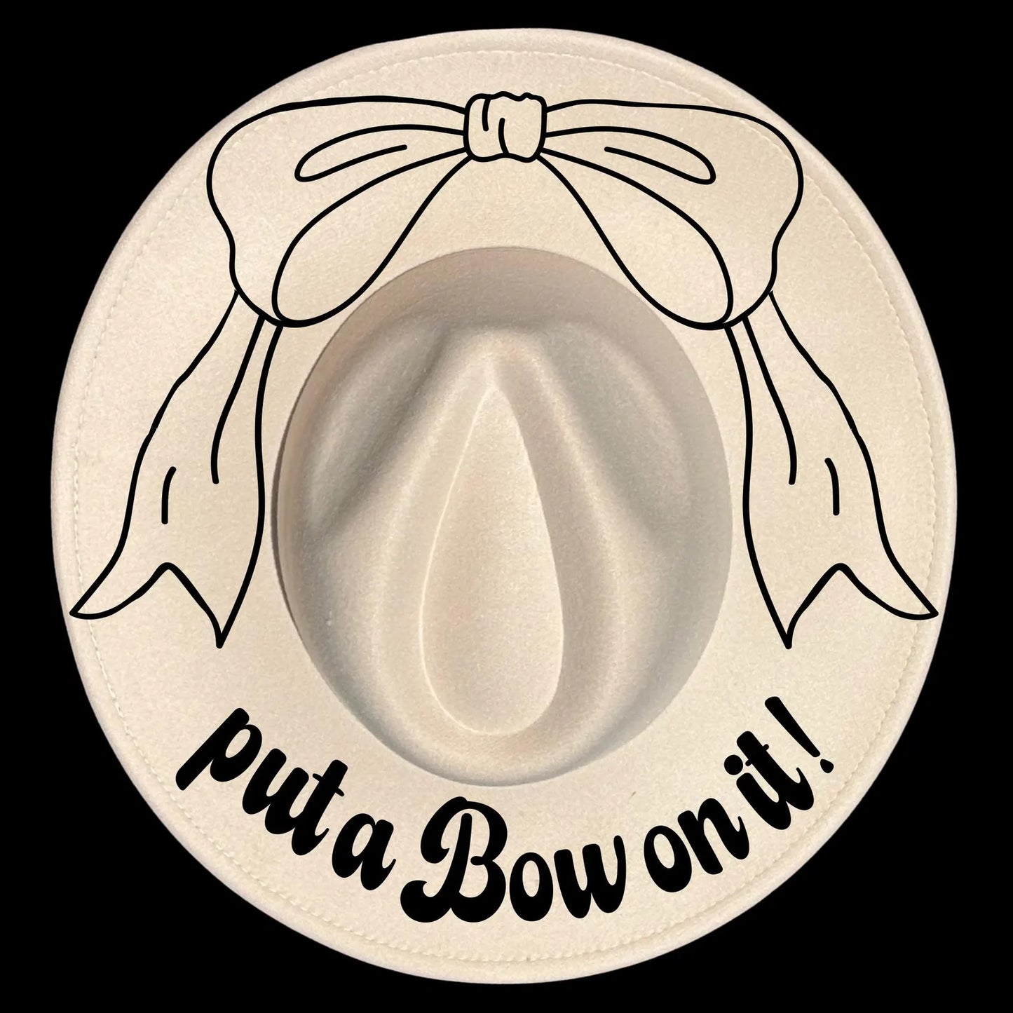 Put A Bow On It hat burning design on a wide brim hat.