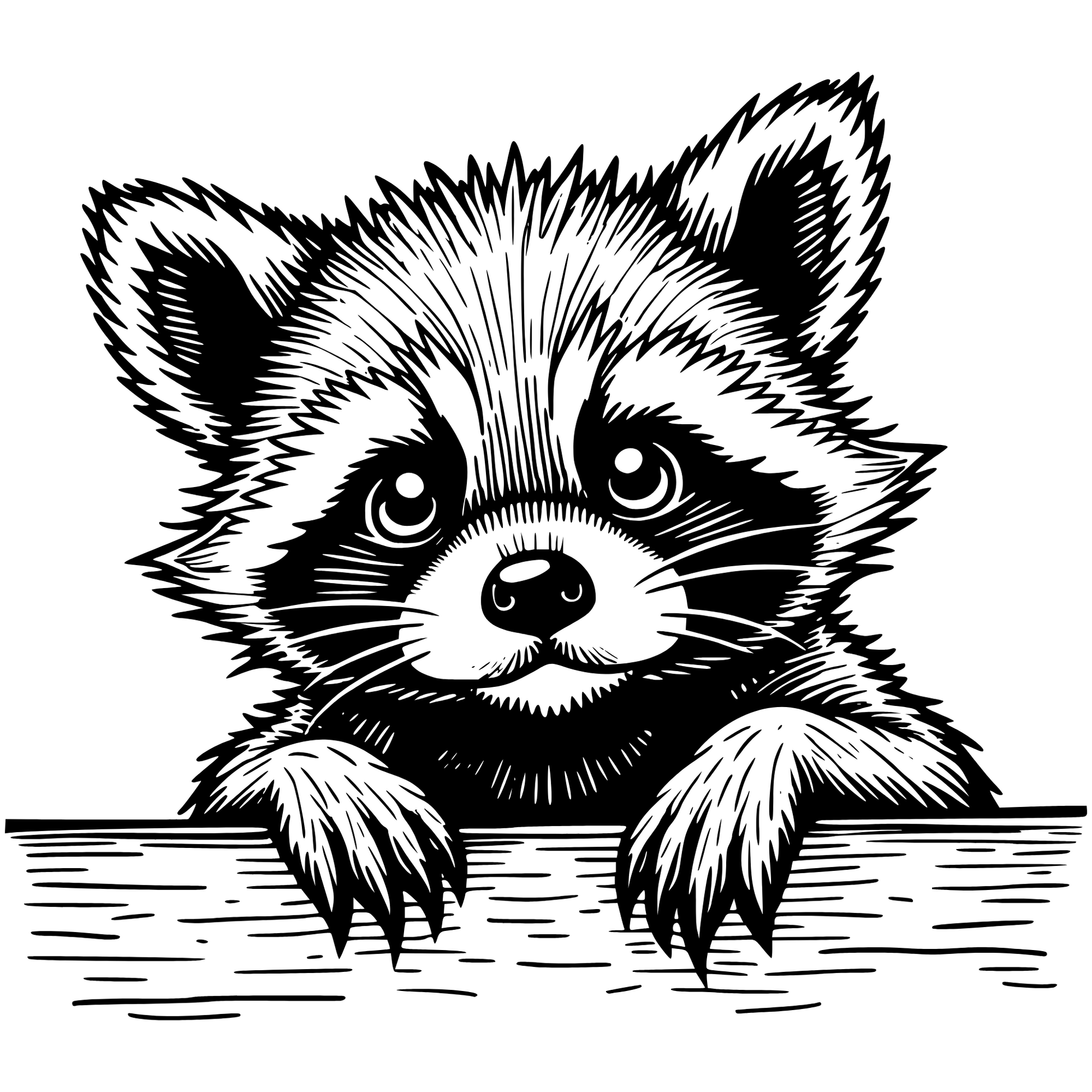 Black and white illustration of a raccoon peeking over a wood surface