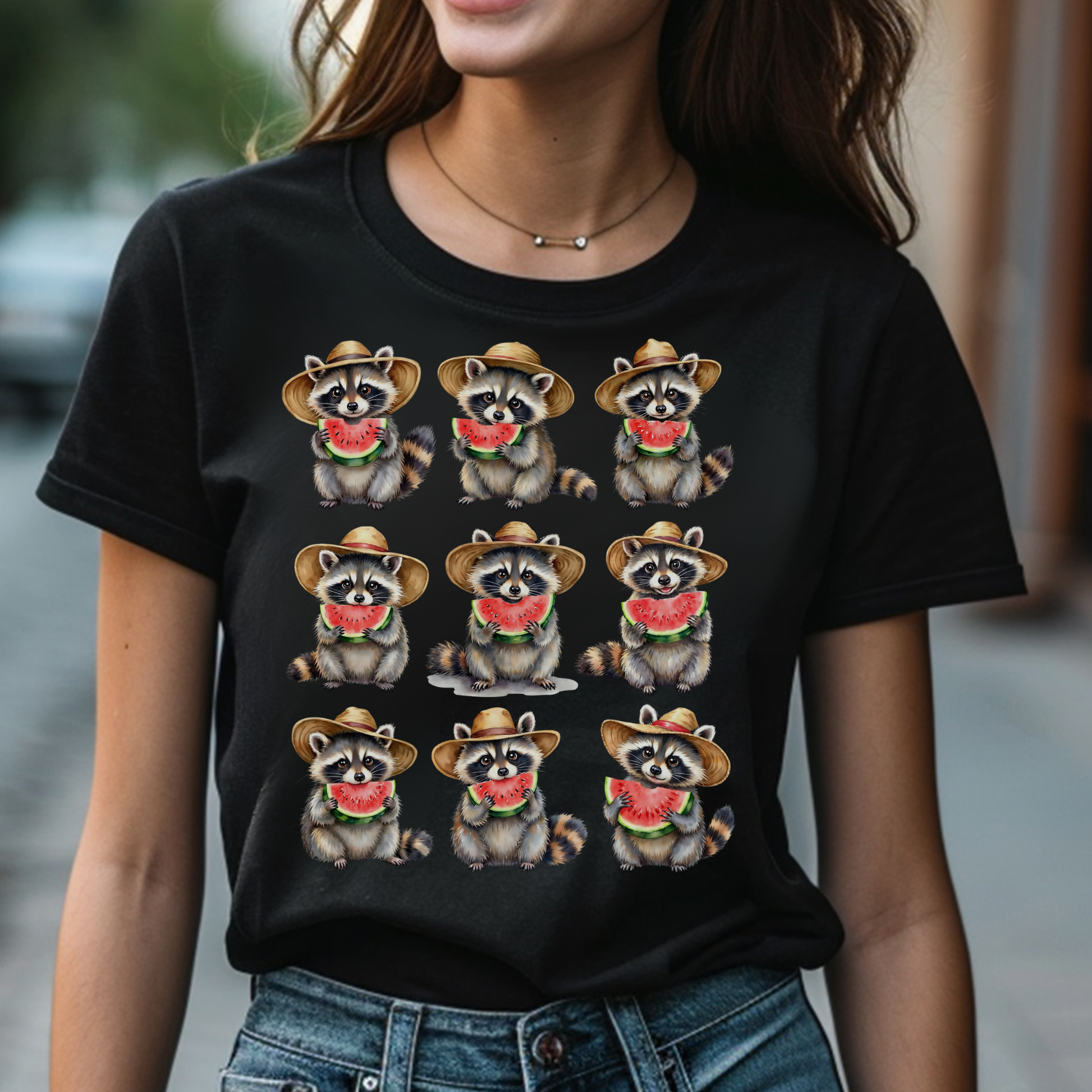 Raccoons Eating Watermelon PNG digital design on a woman's black t-shirt