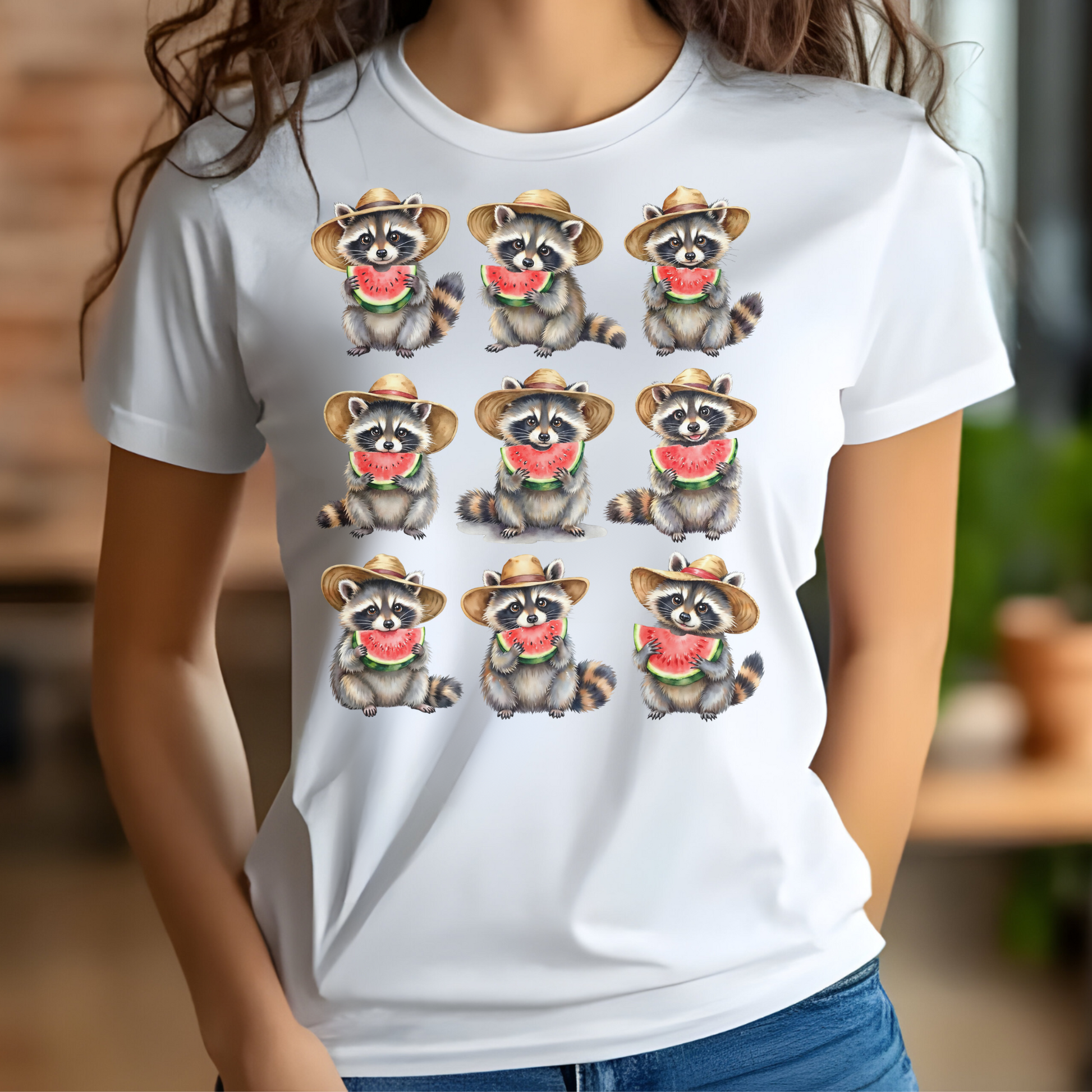 Raccoons Eating Watermelon PNG digital design on a woman's white t-shirt