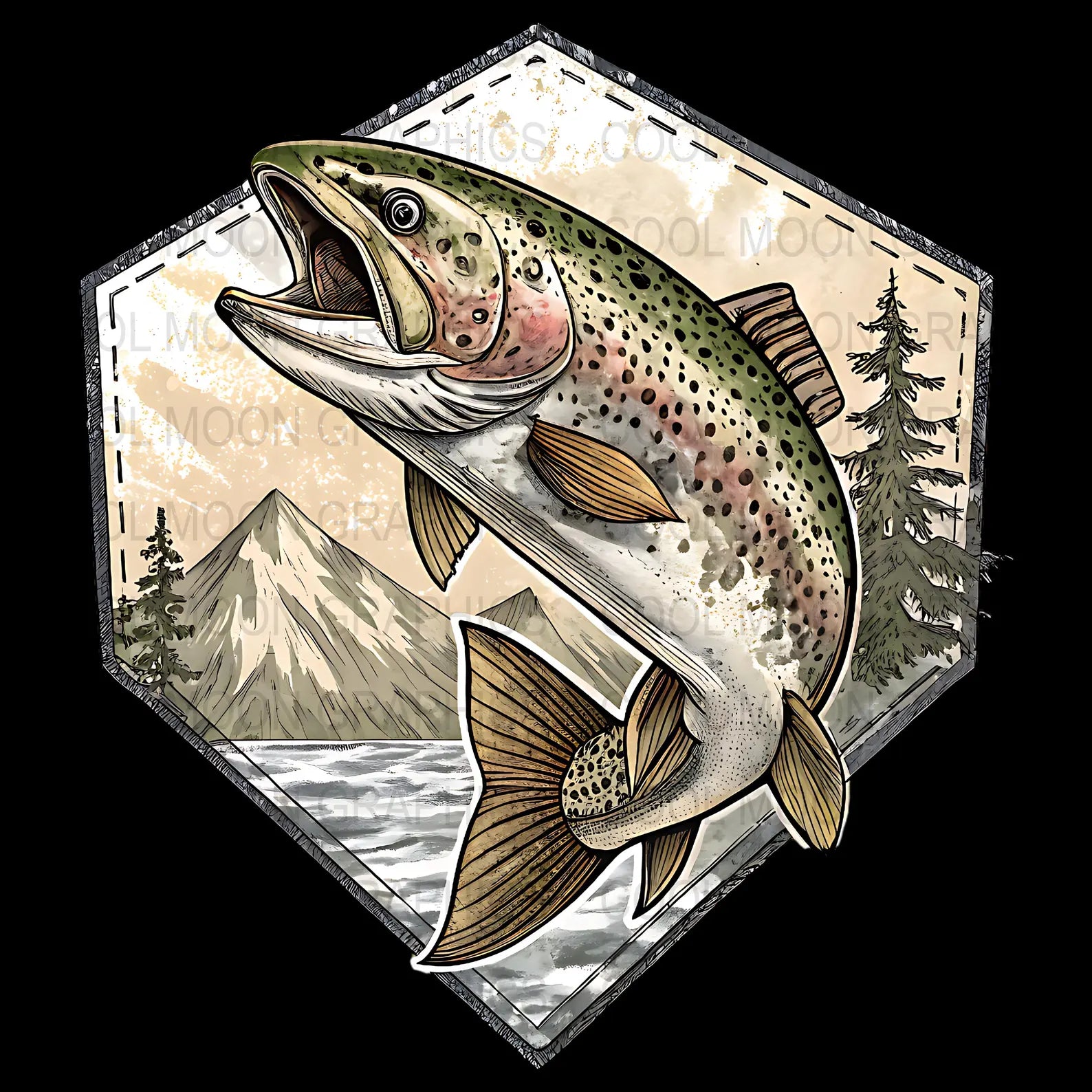 Illustration of a rainbow trout leaping out of water with mountains and trees in the background