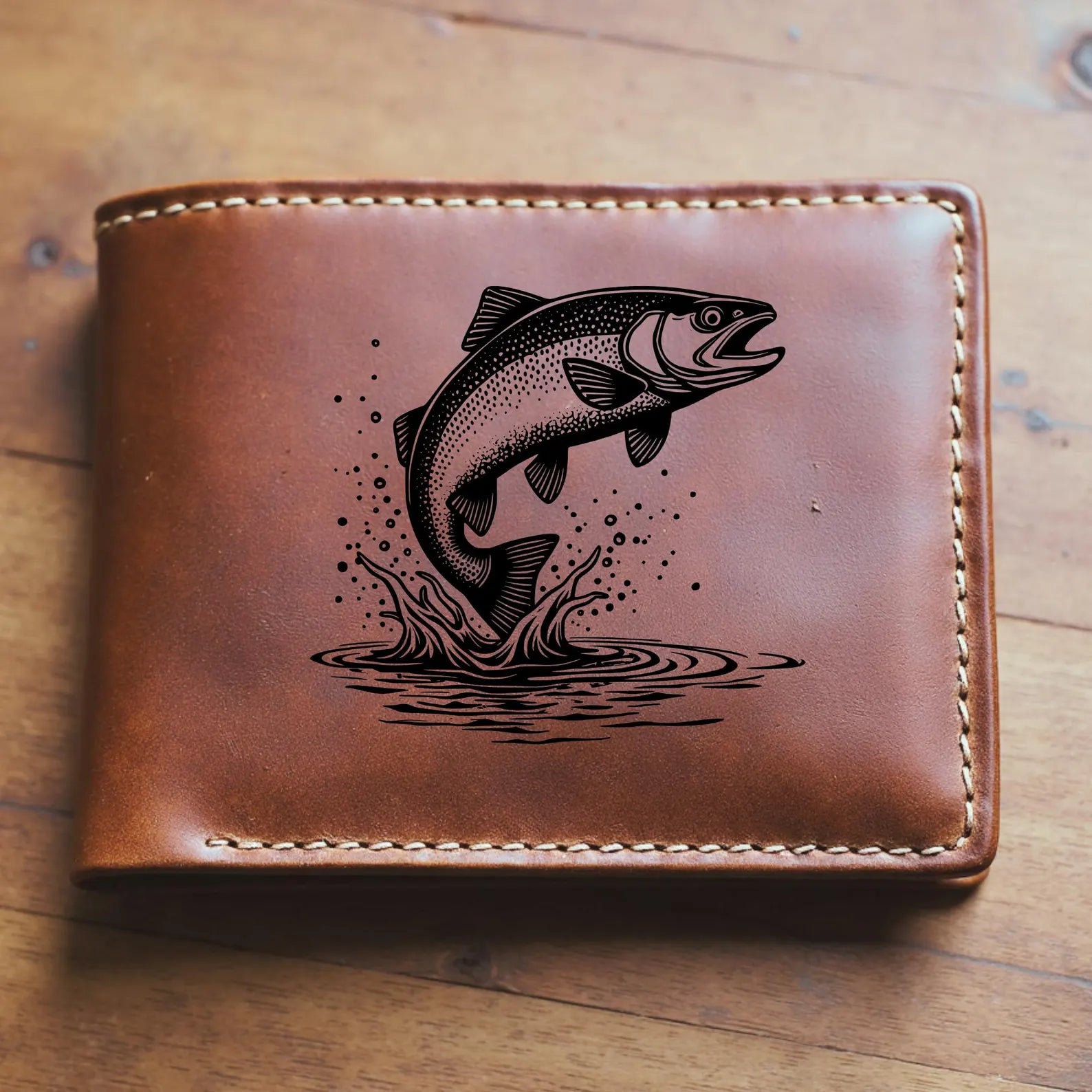 Rainbow Trout Jumping SVG Digital Design on a leather wallet