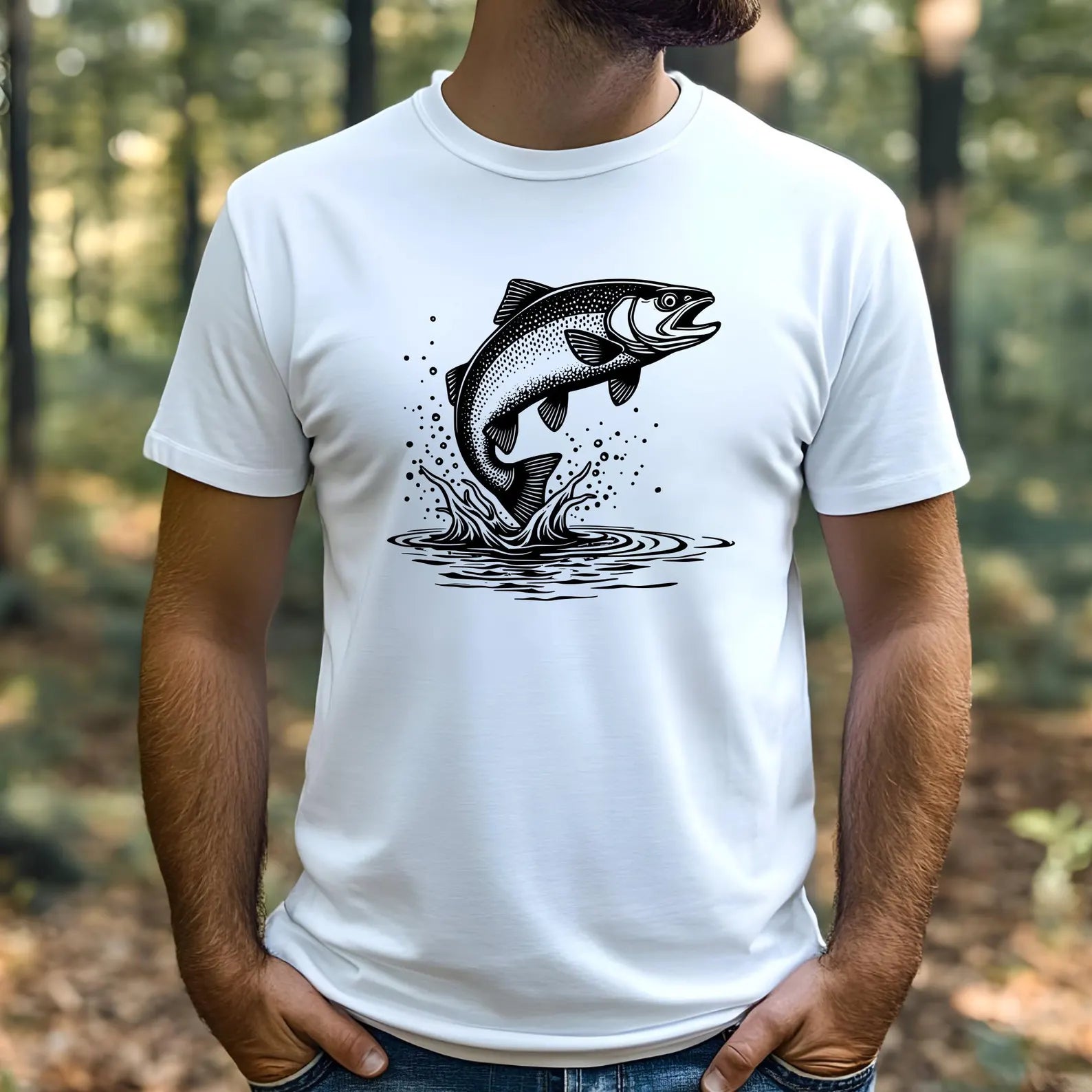 Rainbow Trout Jumping SVG Digital Design on a man's t-shirt