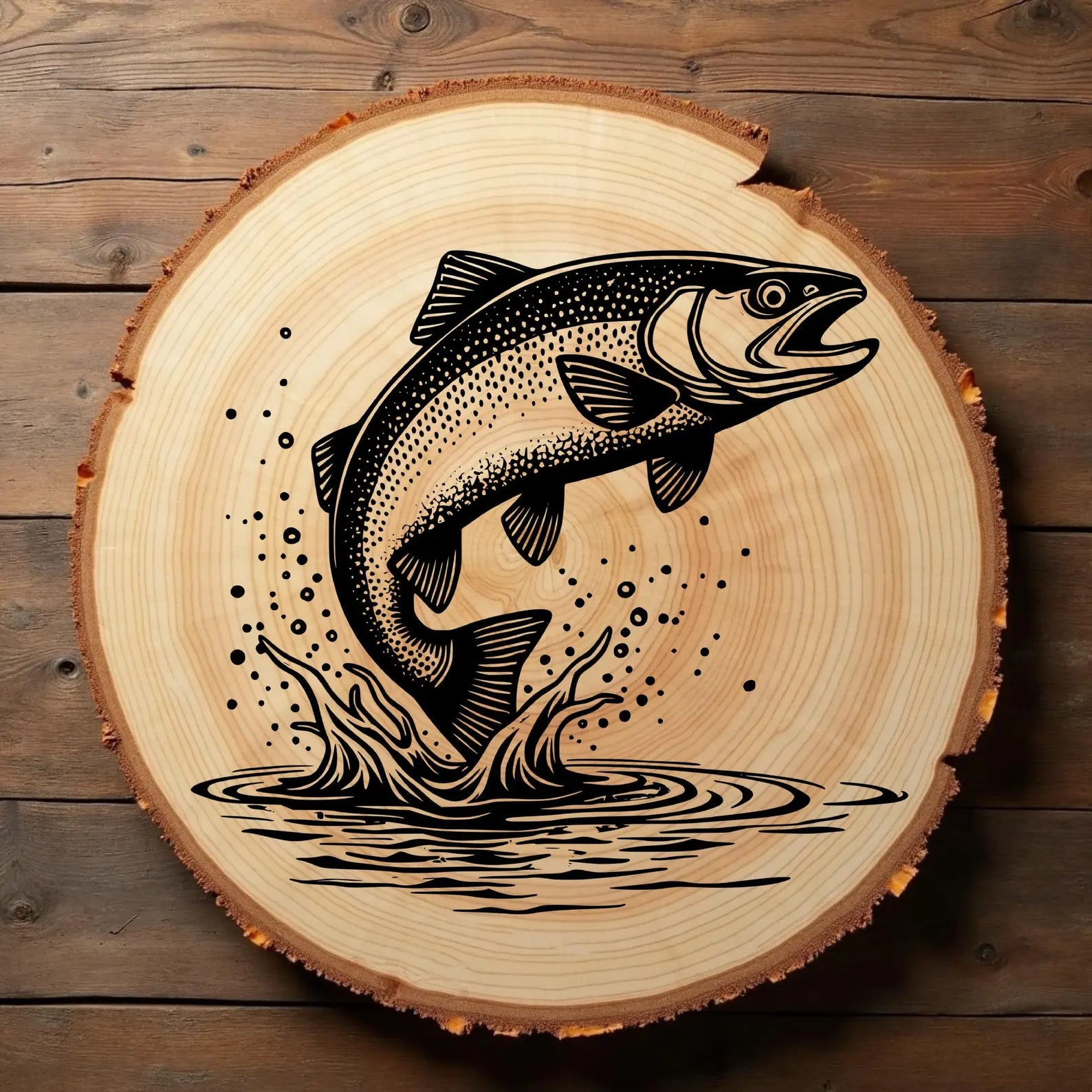 Rainbow Trout Jumping SVG Digital Design on a piece of wood