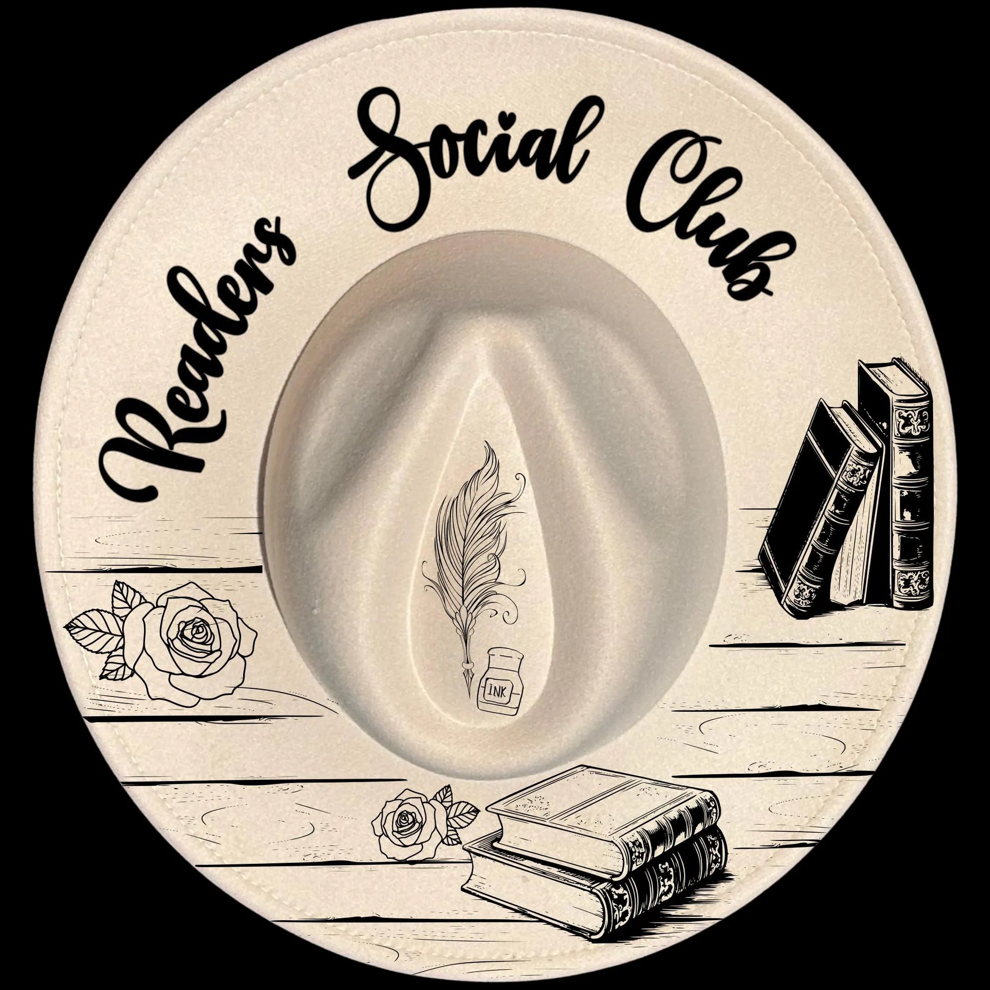 Readers Social Club burned hat burning design on a wide brim hat