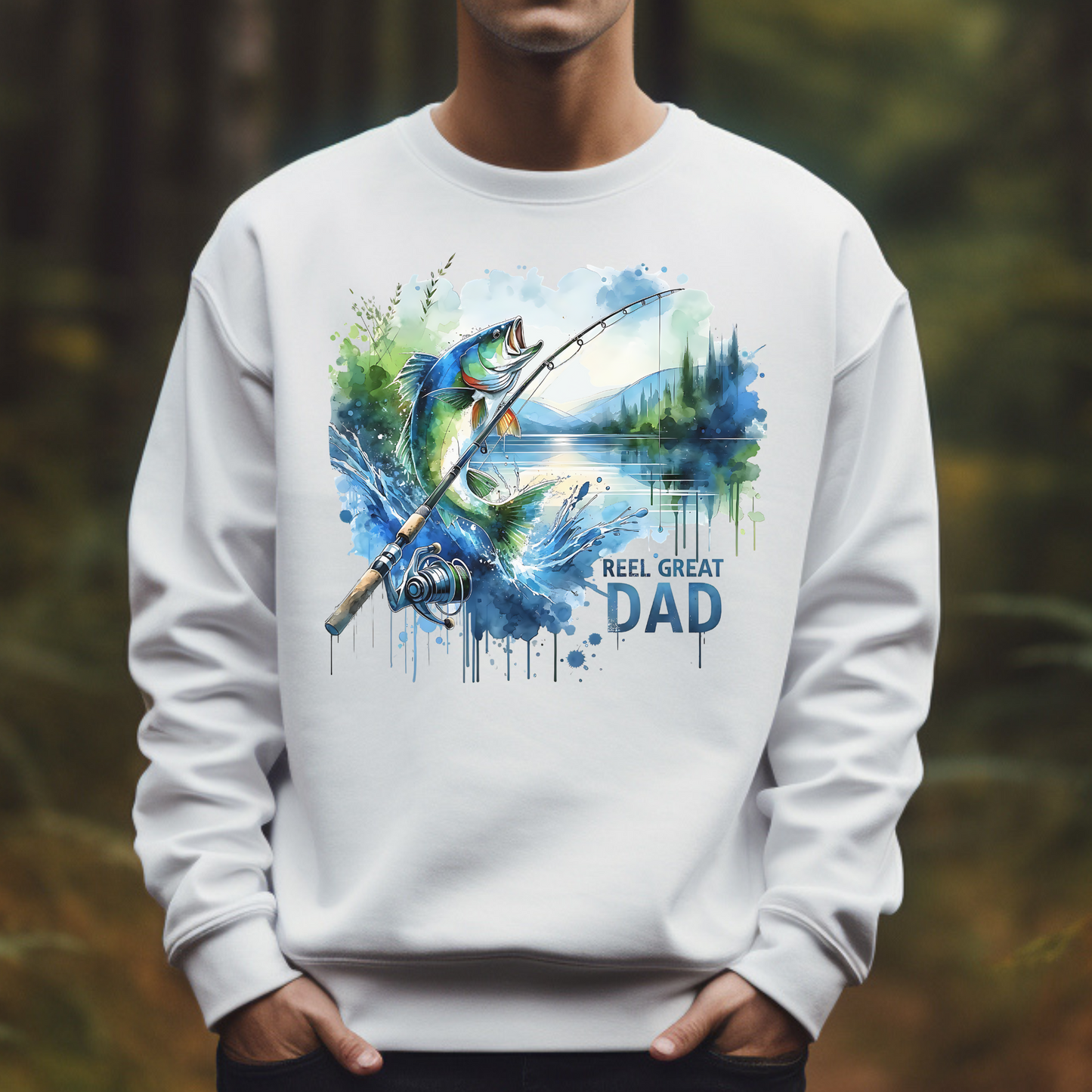 Reel Great Dad Father's Day PNG Digital Design on a man's white sweatshirt