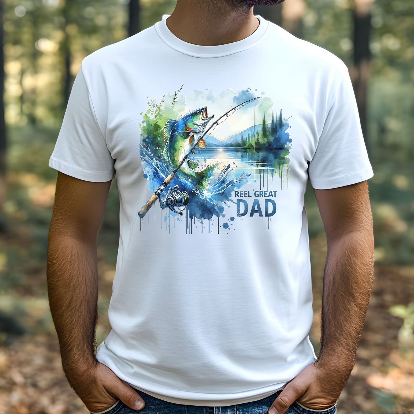 Reel Great Dad Father's Day PNG Digital Design on a man's white t-shirt
