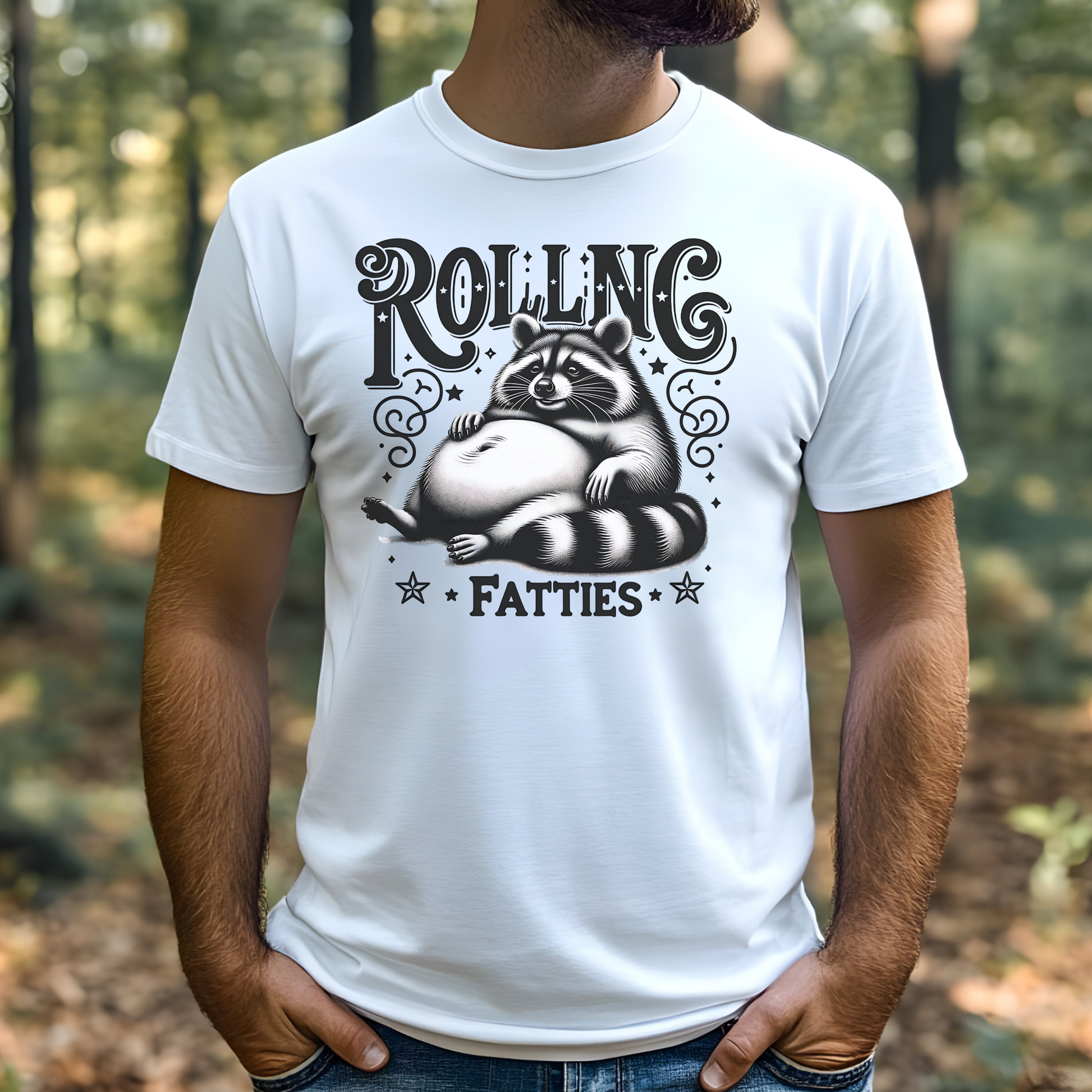 Rolling Fatties Raccoon PNG digital design on a man's white t-shirt