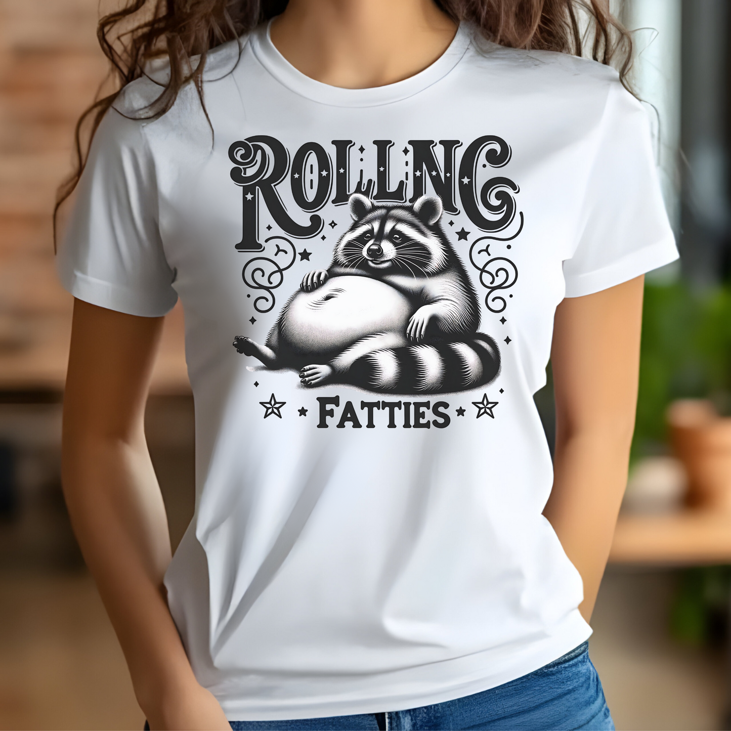 Rolling Fatties Raccoon PNG digital design on a woman's white t-shirt