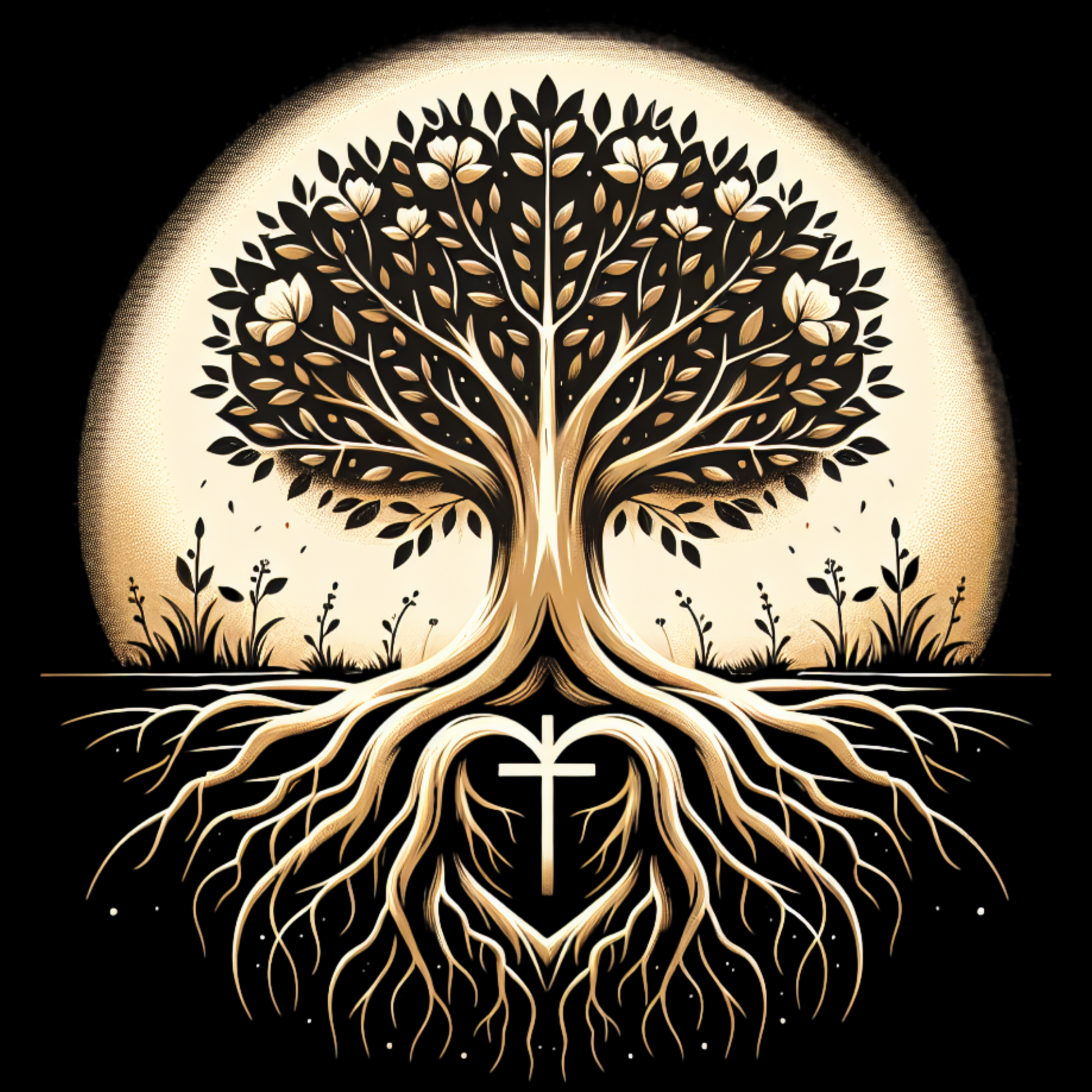 Decorative illustration of a tree with roots and a cross at its base on a black background.