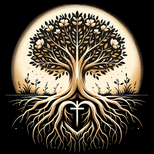 Decorative illustration of a tree with roots and a cross at its base on a black background.