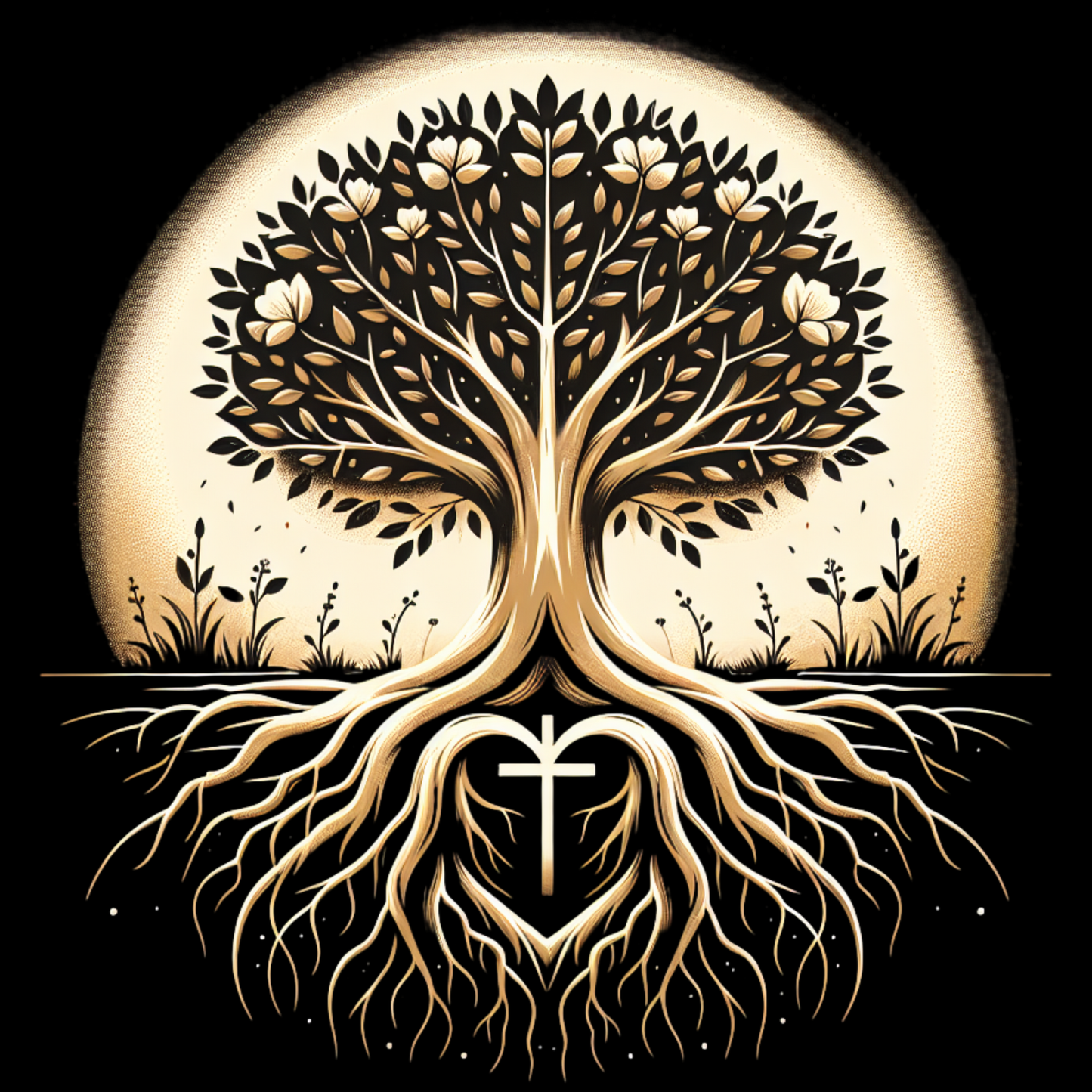 Decorative illustration of a tree with roots and a cross at its base on a black background.