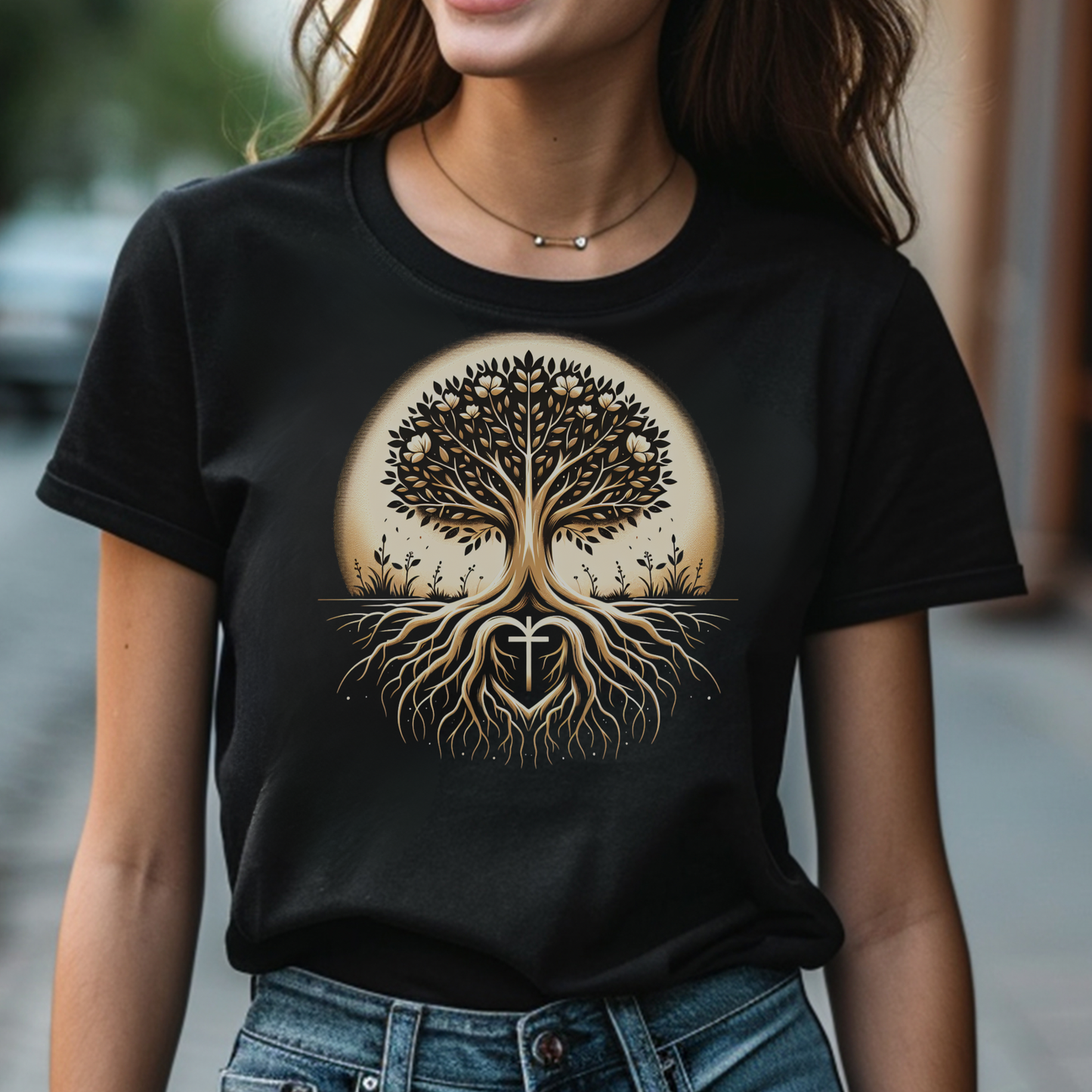 Woman wearing a black t-shirt with a tree design