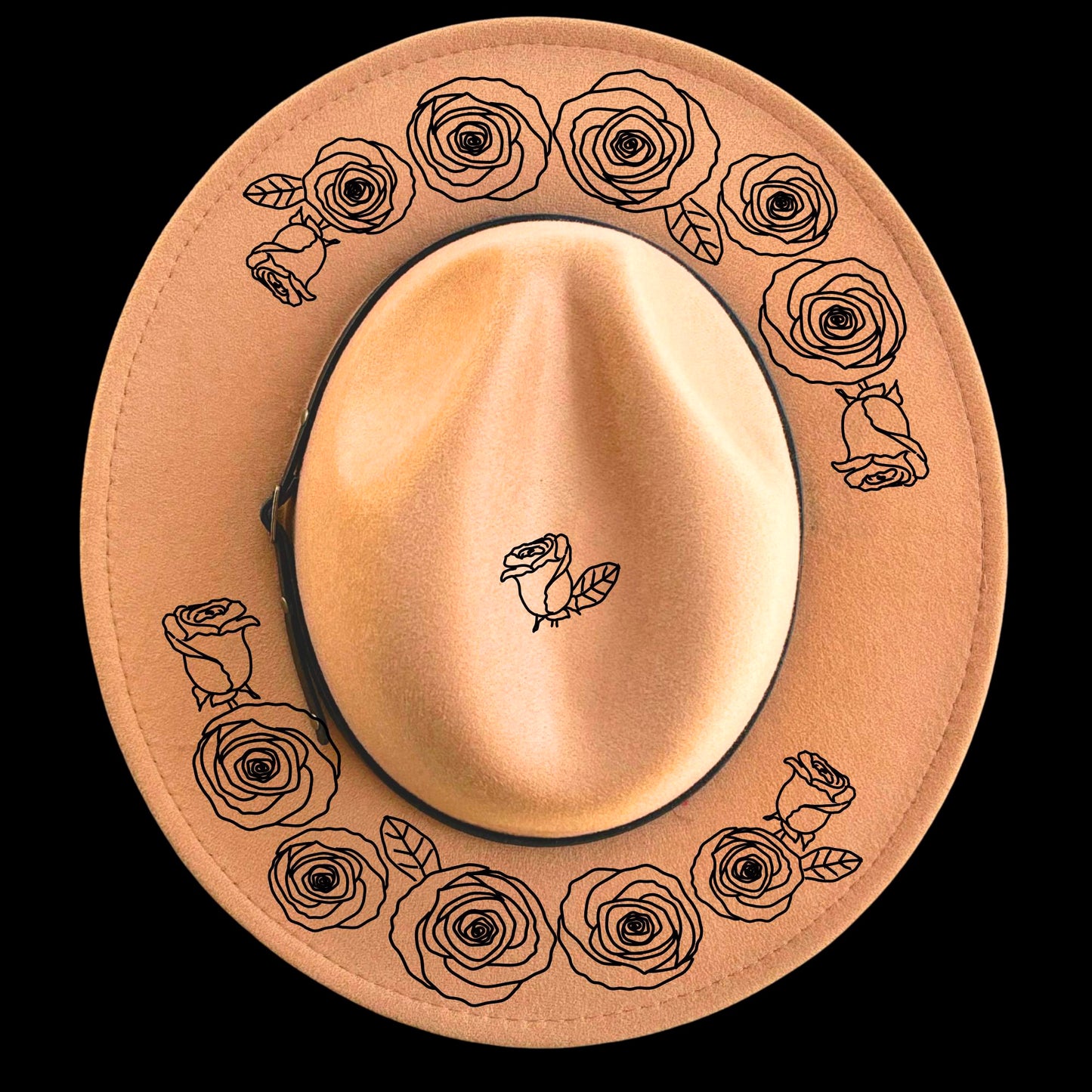 Rose Wreath burned hat burning design on a narrow brim hat
