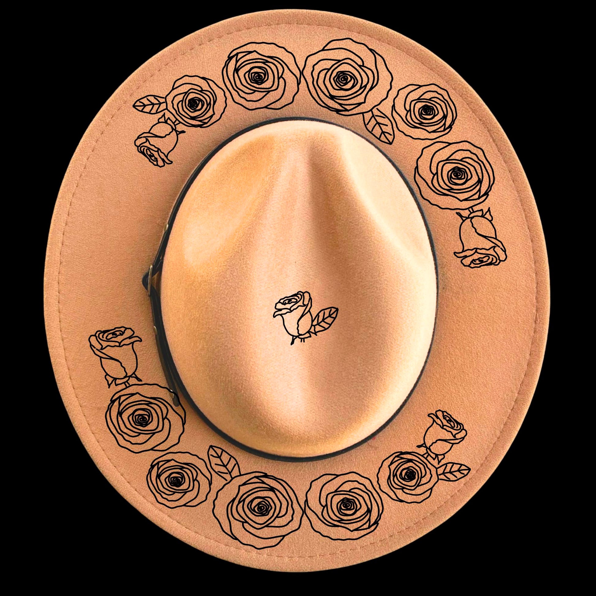 Rose Wreath burned hat burning design on a narrow brim hat