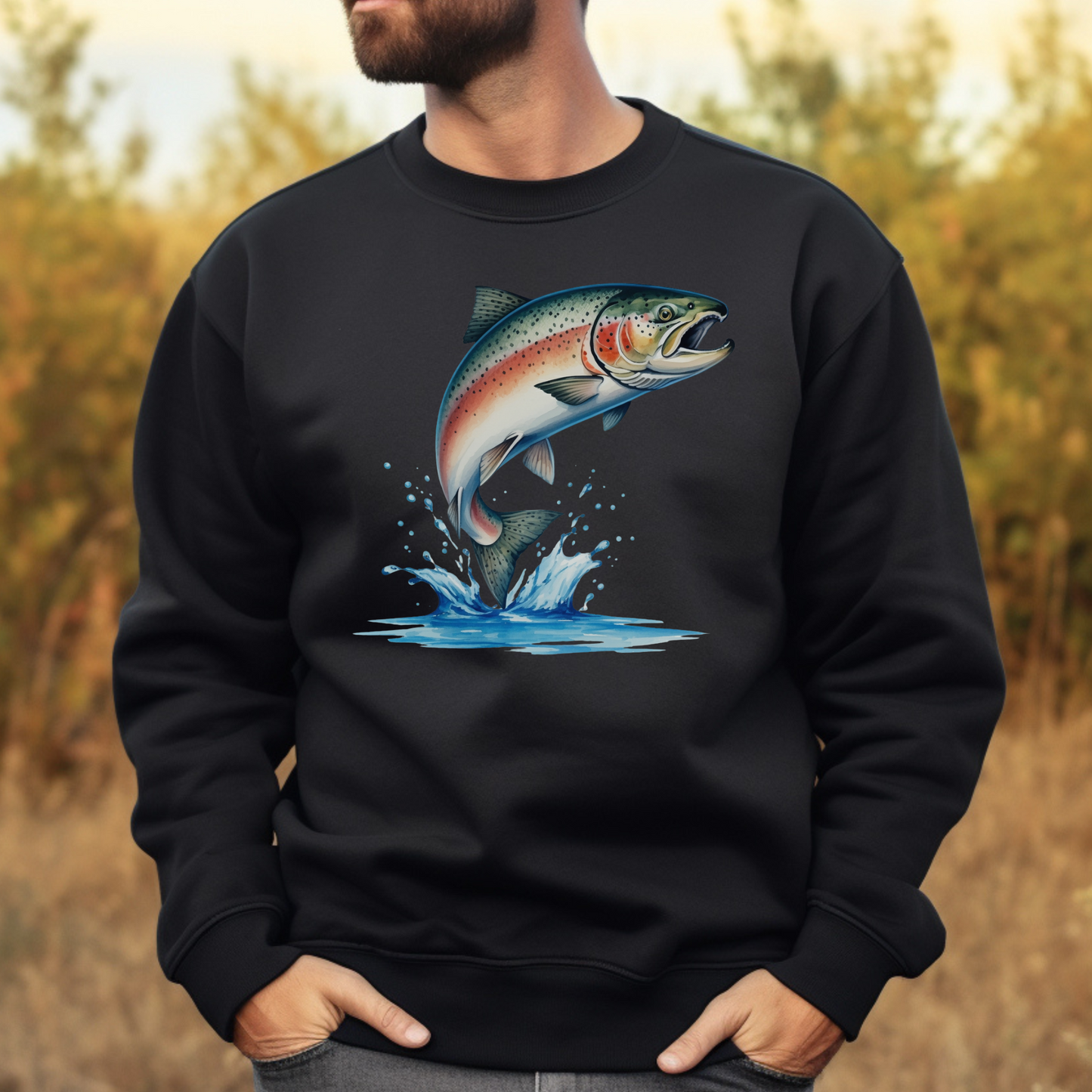 Salmon Fish PNG digital design on a man's black sweatshirt