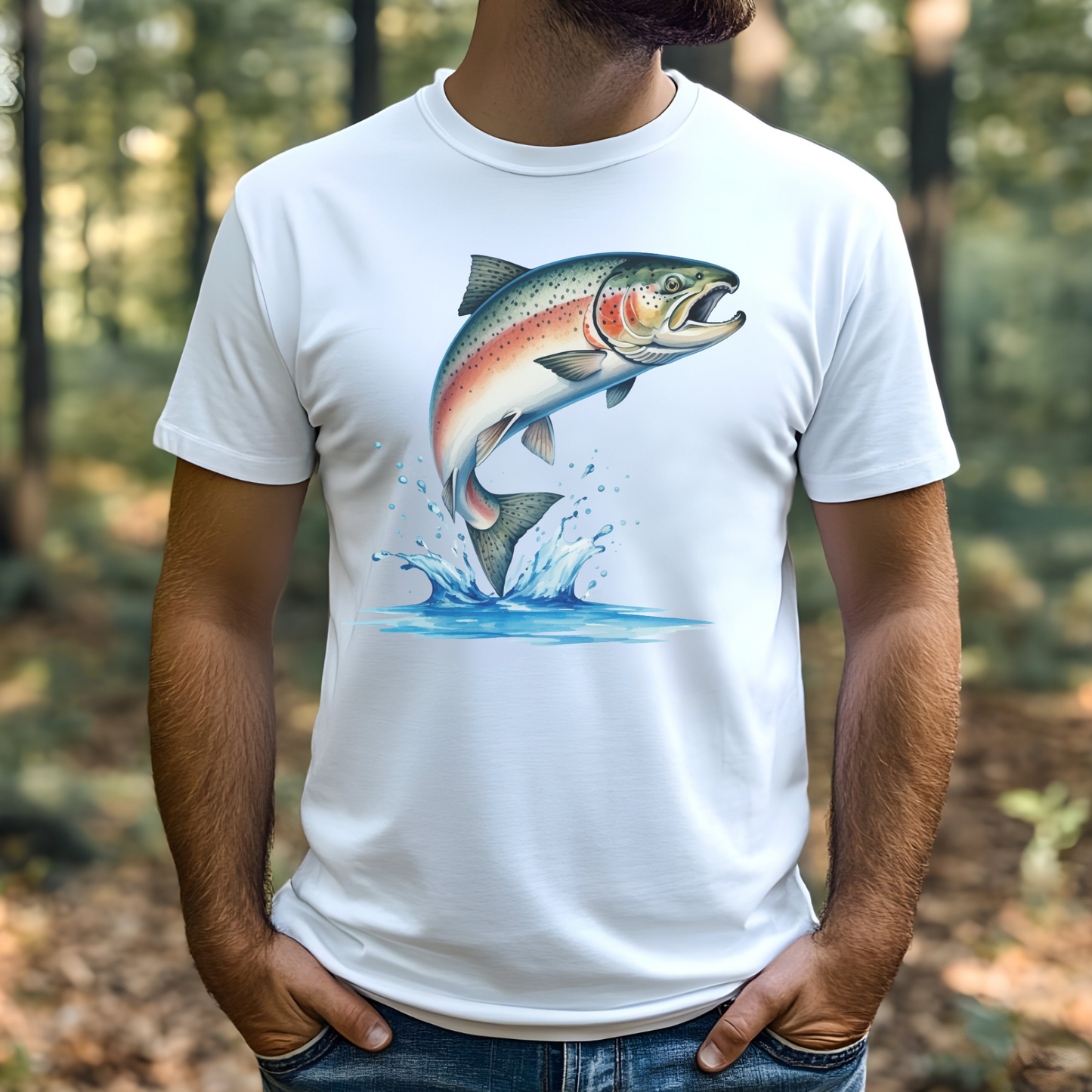 Salmon Fish PNG digital design on a man's white t-shirt