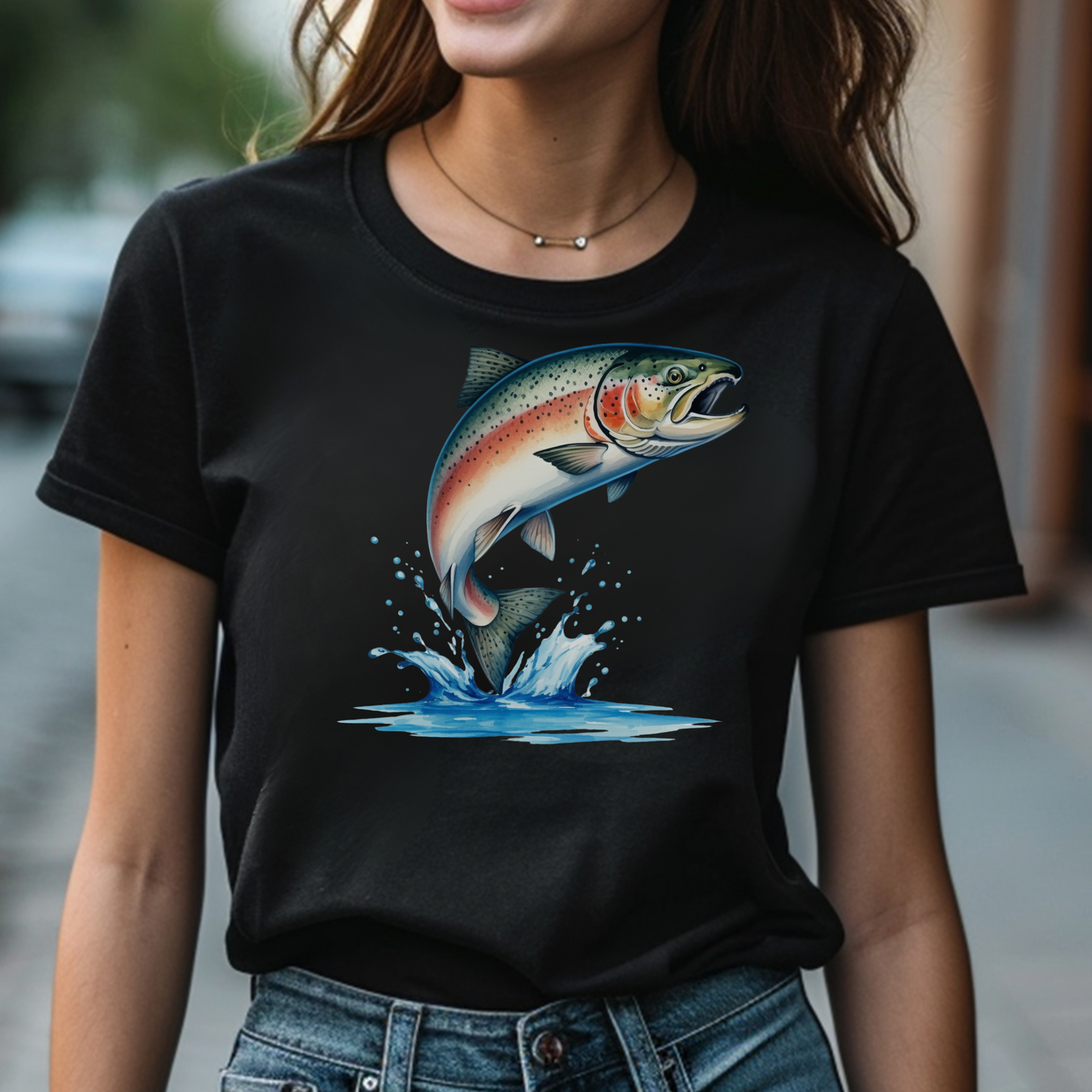 Salmon Fish PNG digital design on a woman's black t-shirt