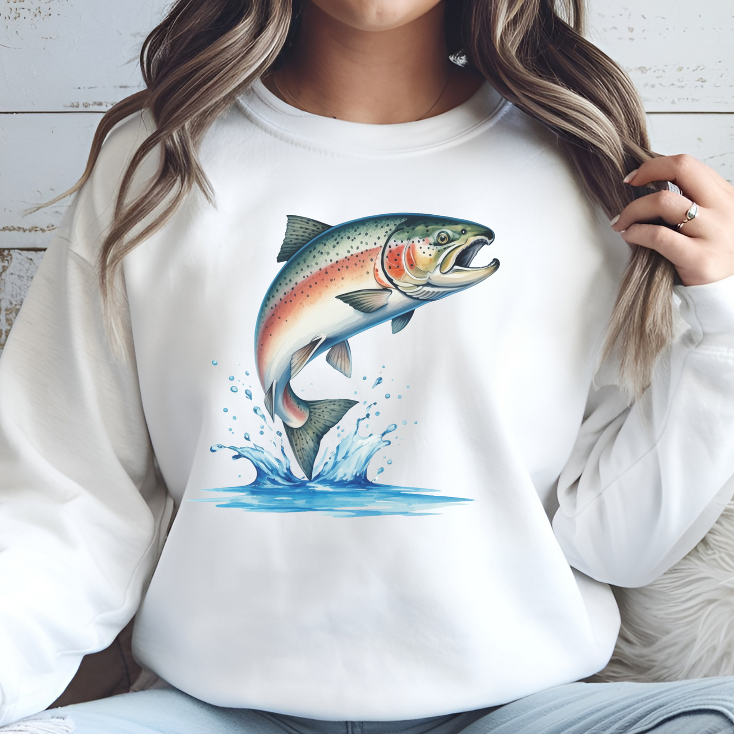 Salmon Fish PNG digital design on a woman's white sweatshirt