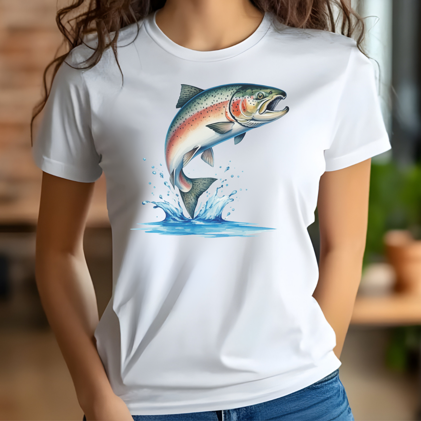 Salmon Fish PNG digital design on a woman's white t-shirt