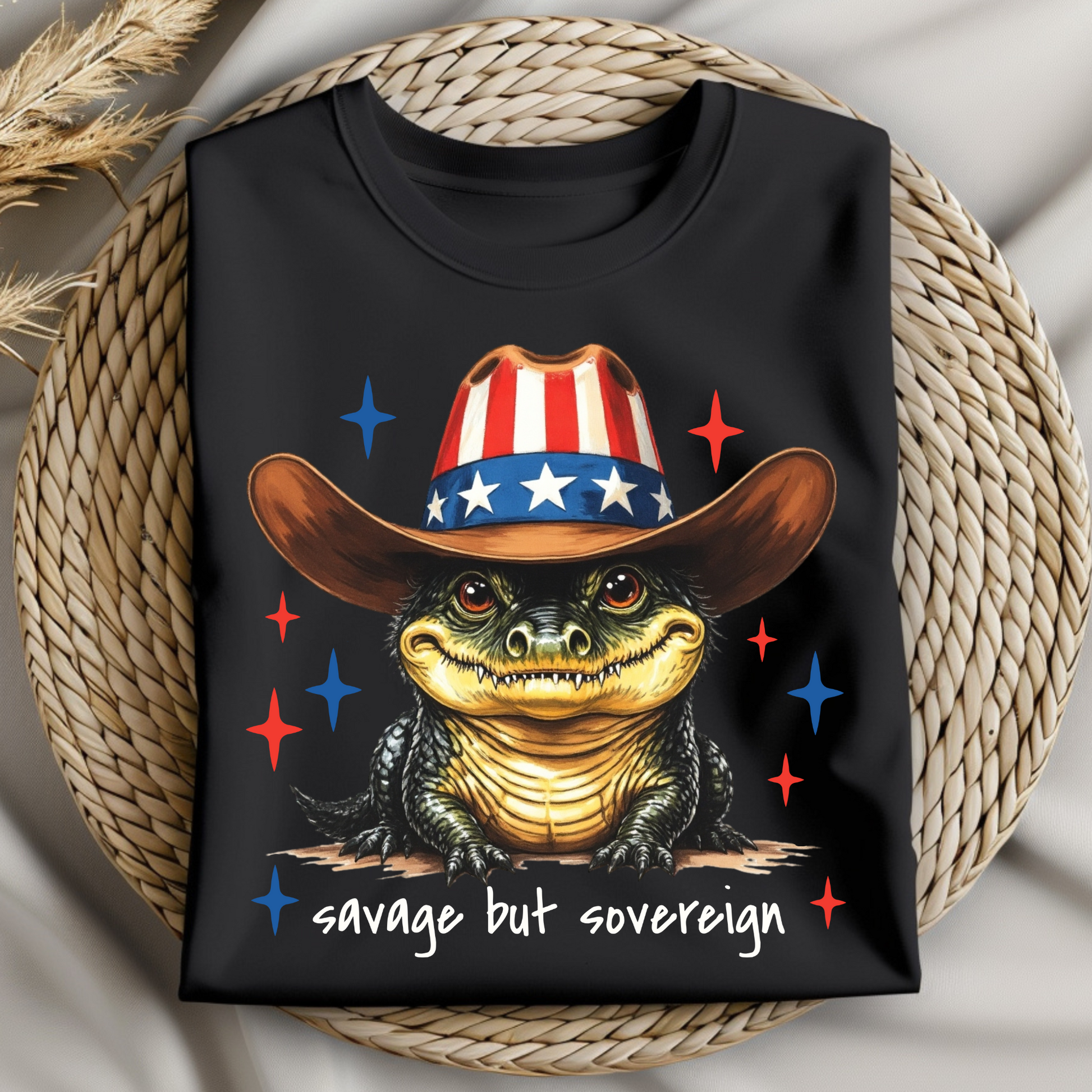 Savage But Sovereign PNG digital download on a folded black t-shirt