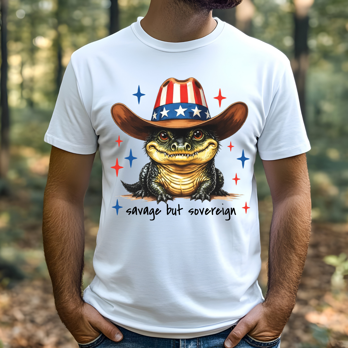 Savage But Sovereign PNG digital download on a man's white t-shirt