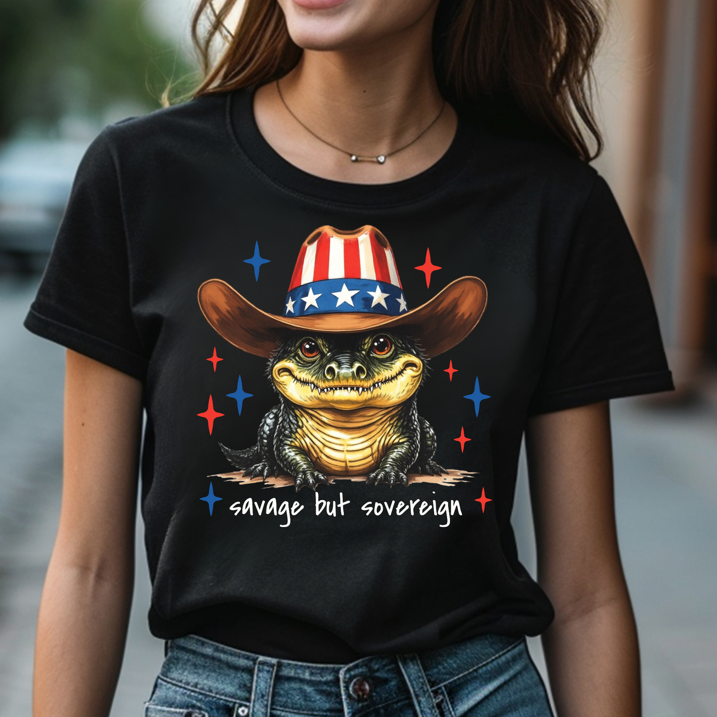 Savage But Sovereign PNG digital download on a woman's black t-shirt