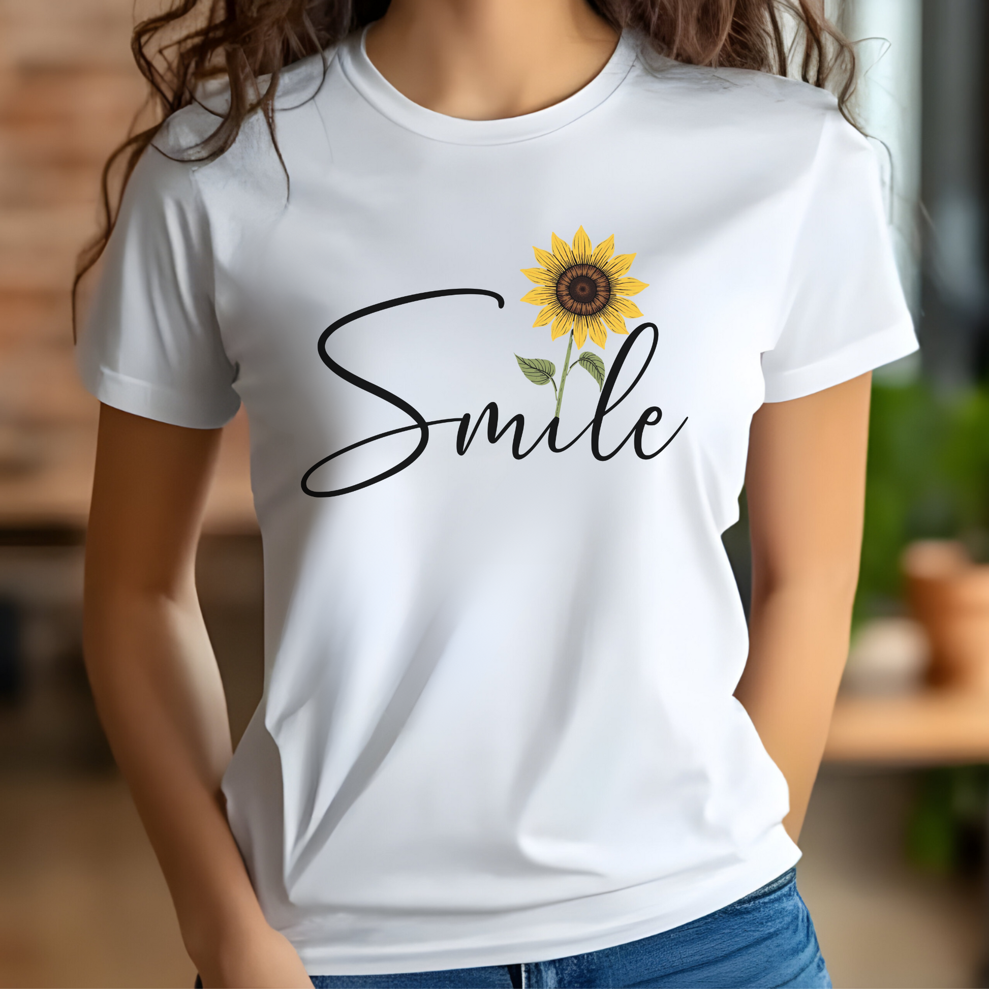 Sunflower Smile PNG digital design on a woman's white t-shirt