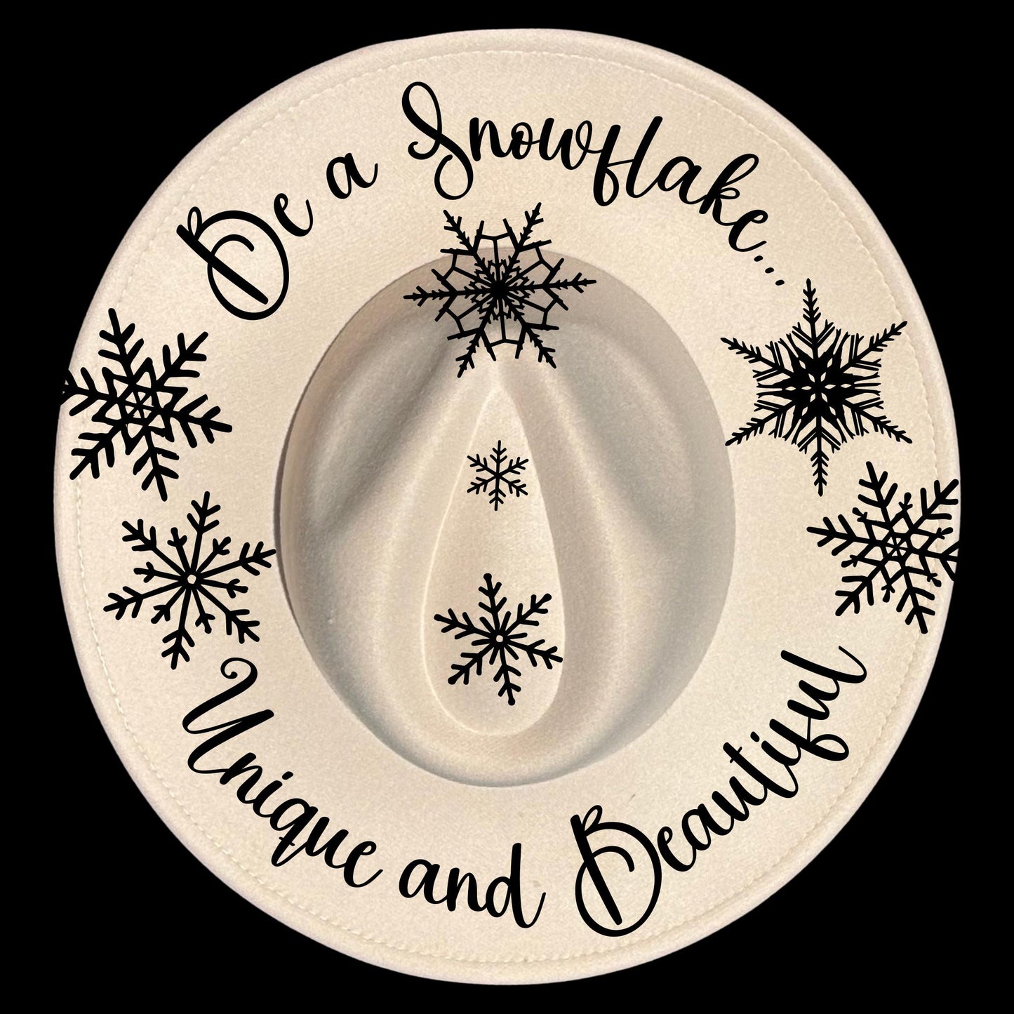 Rancher-style wide brim hat featuring white snowflake burn pattern from Cool Moon Designs