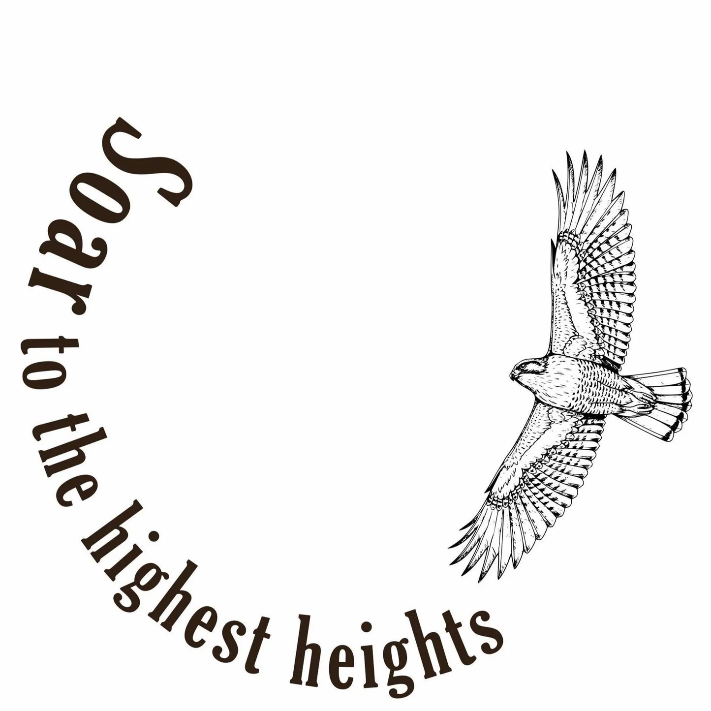 Black and white illustration of a flying hawk with 'Soar to the highest heights' text.