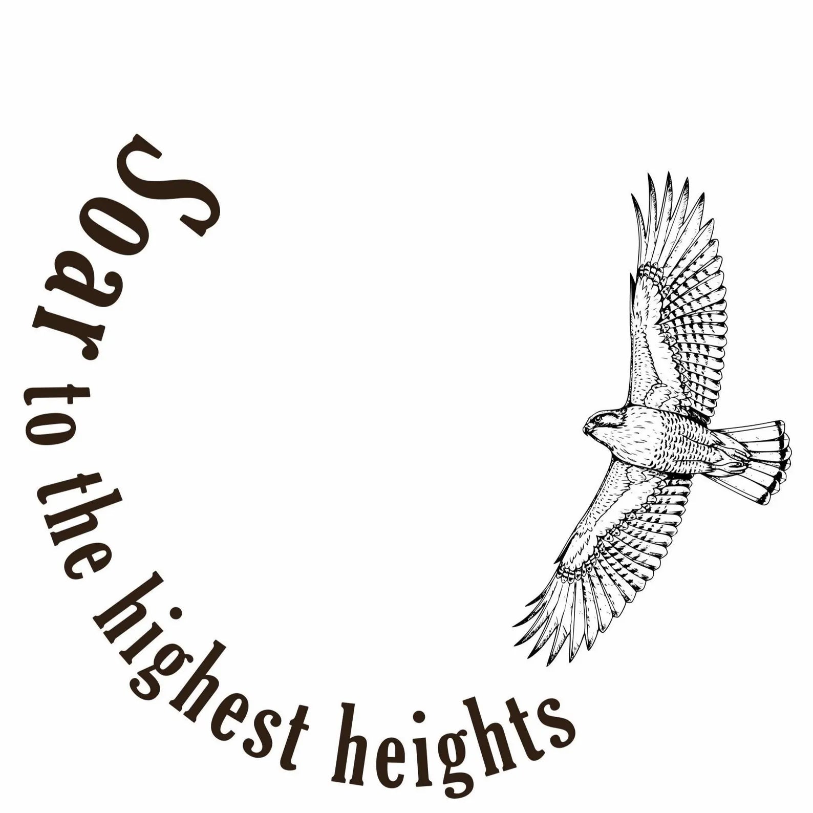 Black and white illustration of a flying hawk with 'Soar to the highest heights' text.