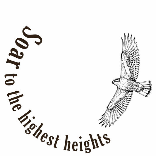 Black and white illustration of a flying hawk with 'Soar to the highest heights' text.