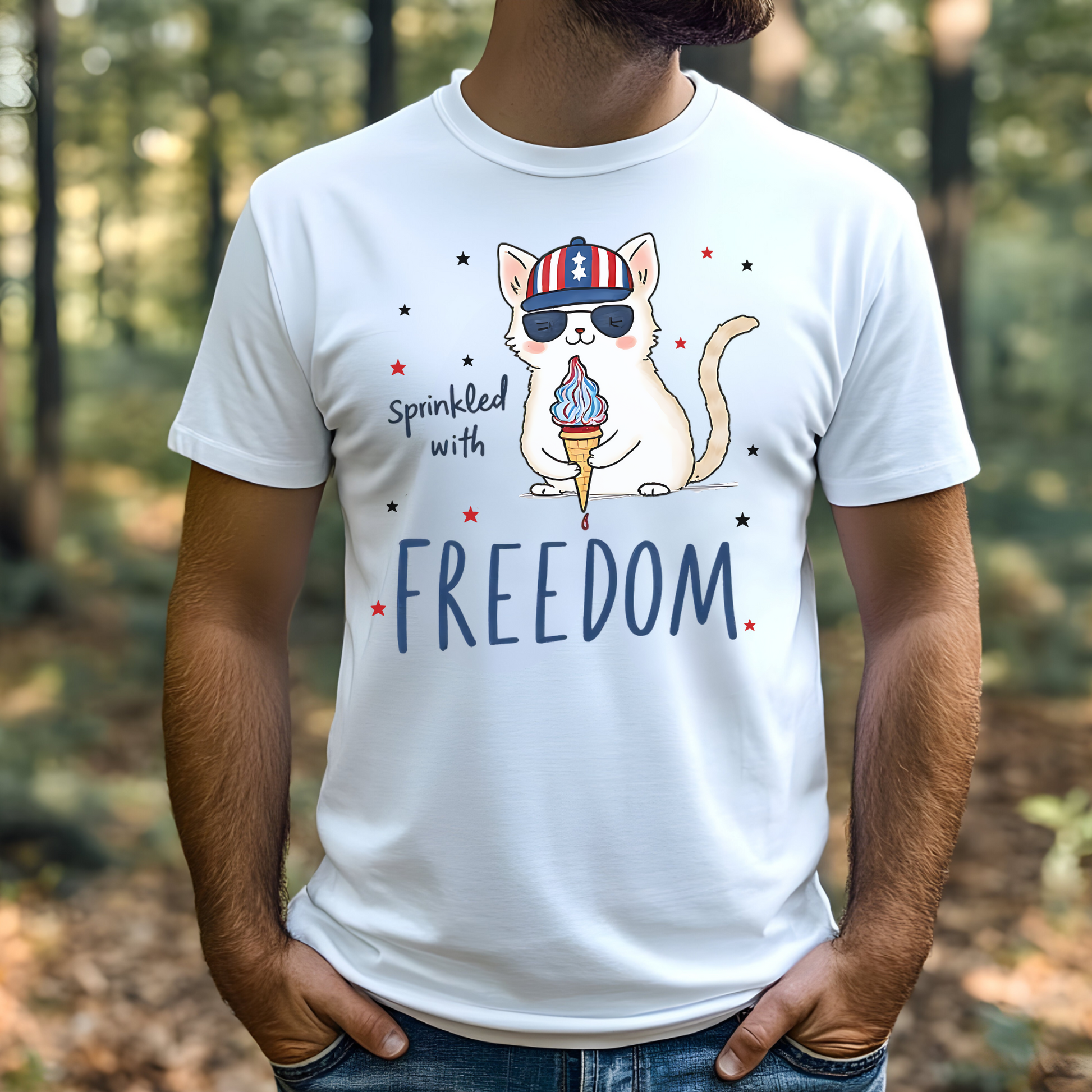 Sprinkled With Freedom Cat digital design on a man's white t-shirt