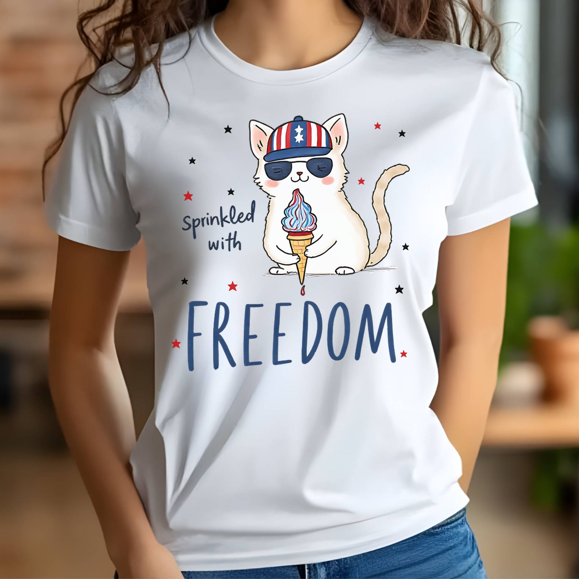 Sprinkled With Freedom Cat digital design on a woman's white t-shirt