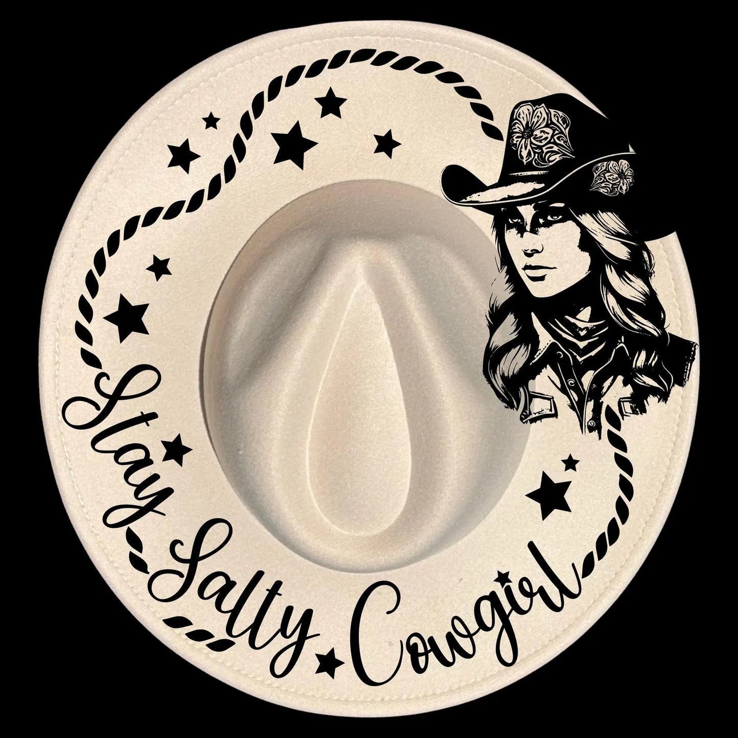Stay Salty Cowgirl burned hat burning design on a wide brim hat