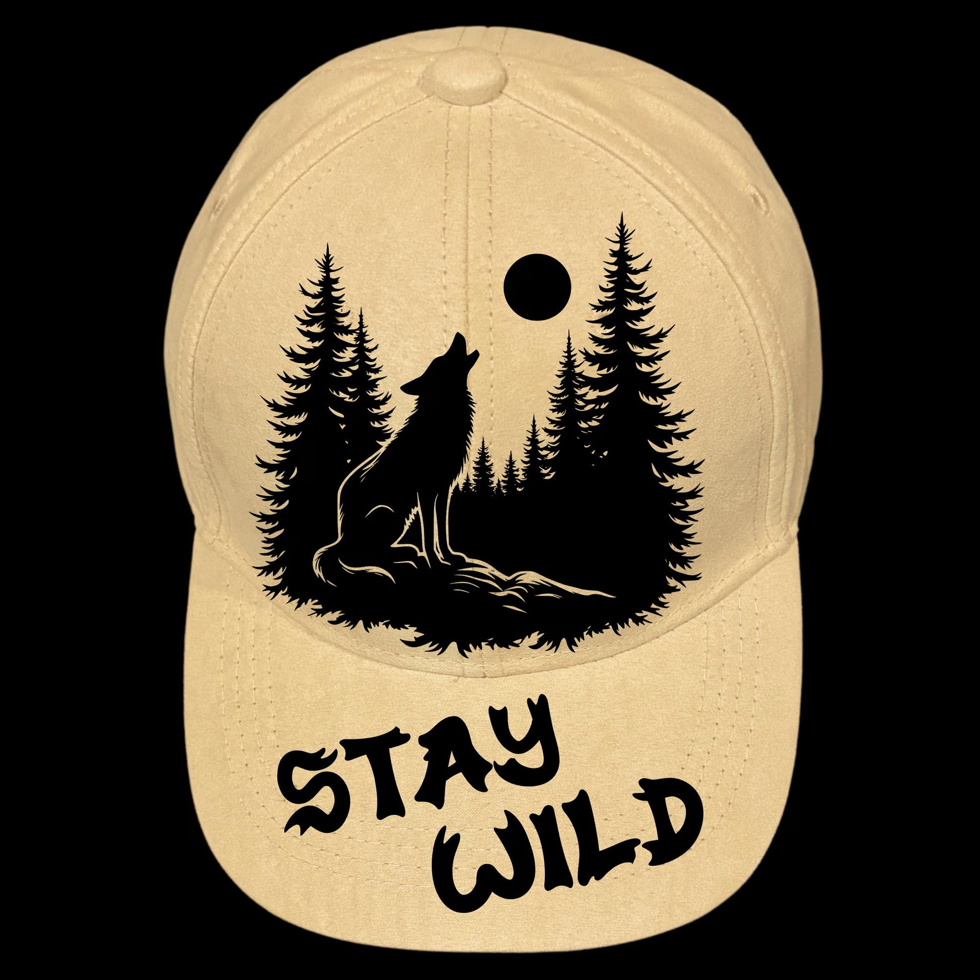 A baseball cap with a wolf and forest design and 'Stay Wild' text on a black background