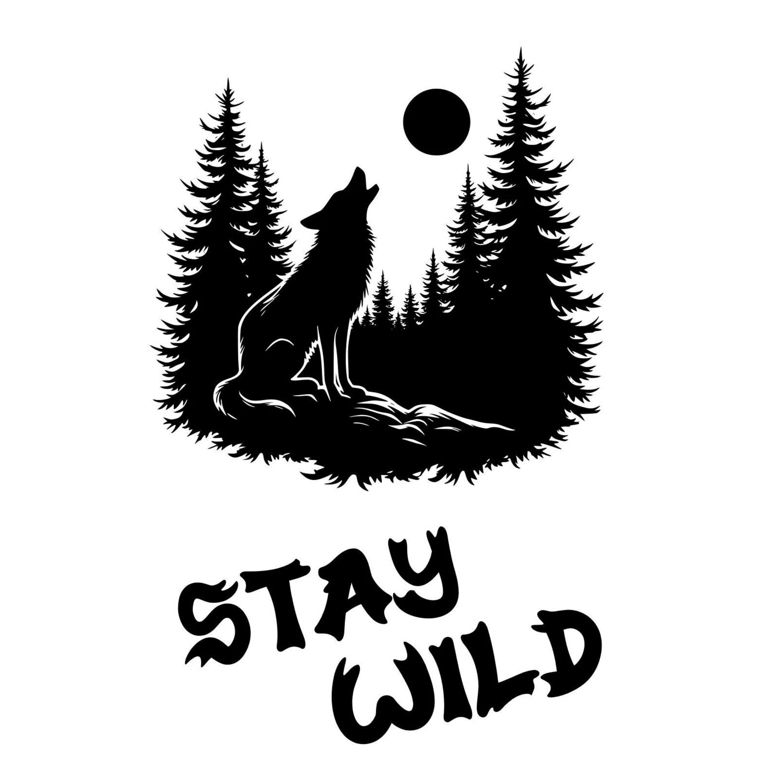 Black silhouette of a wolf howling at the moon with trees and 'Stay Wild' text on a white background