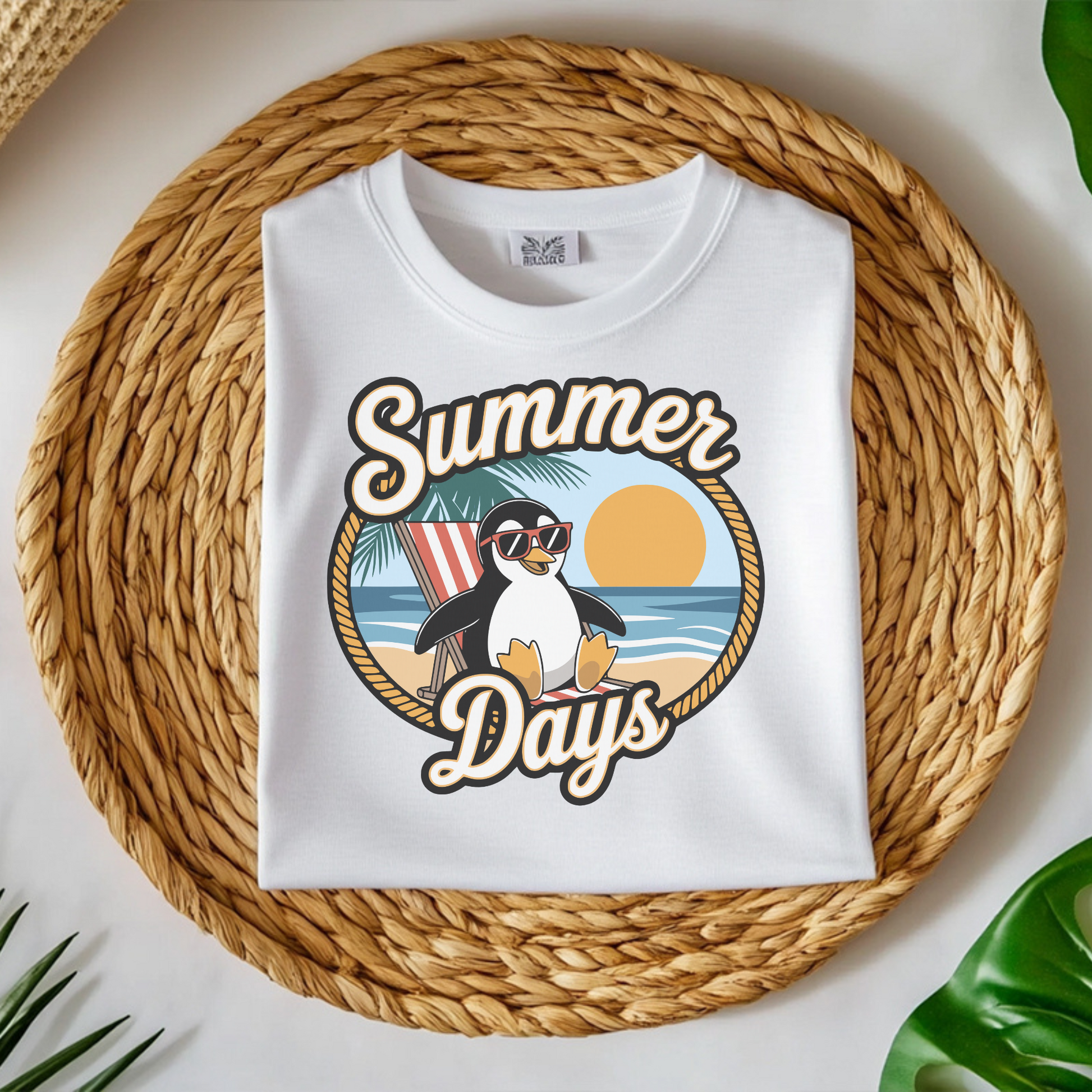 Penguin Summer Days PNG digital design on a folded white t-shirt