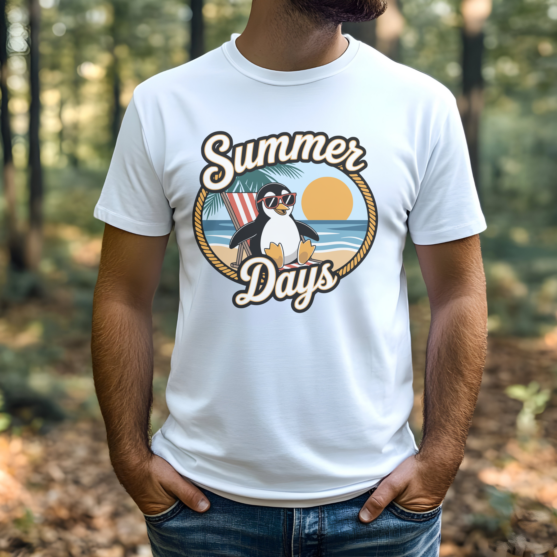 Penguin Summer Days PNG digital design on a man's white t-shirt